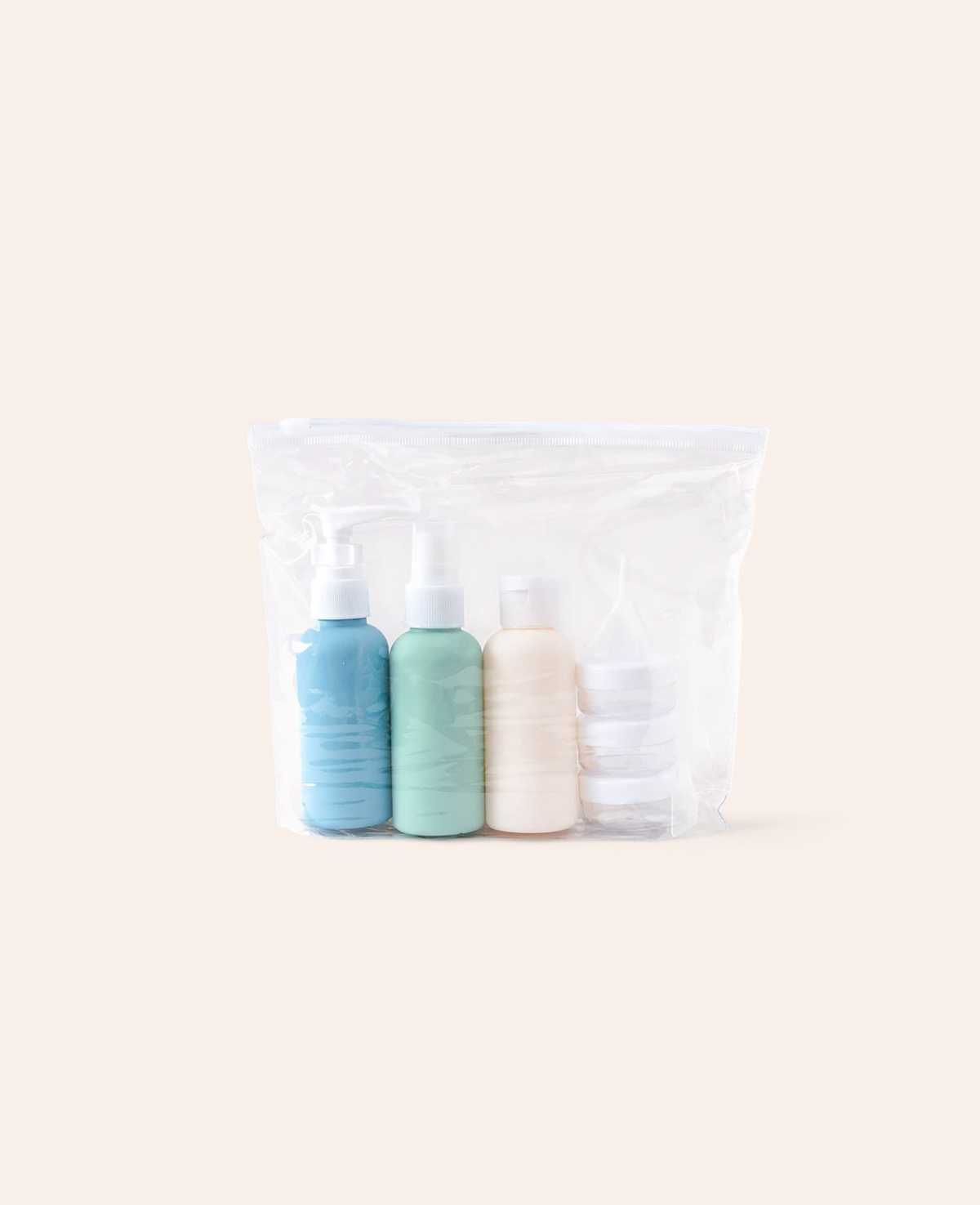 Esmée Reise-Kosmetikset mit 6 nachfüllbaren Behältern in Pastelltönen und transparenter Ziploc-Tasche für Handgepäck