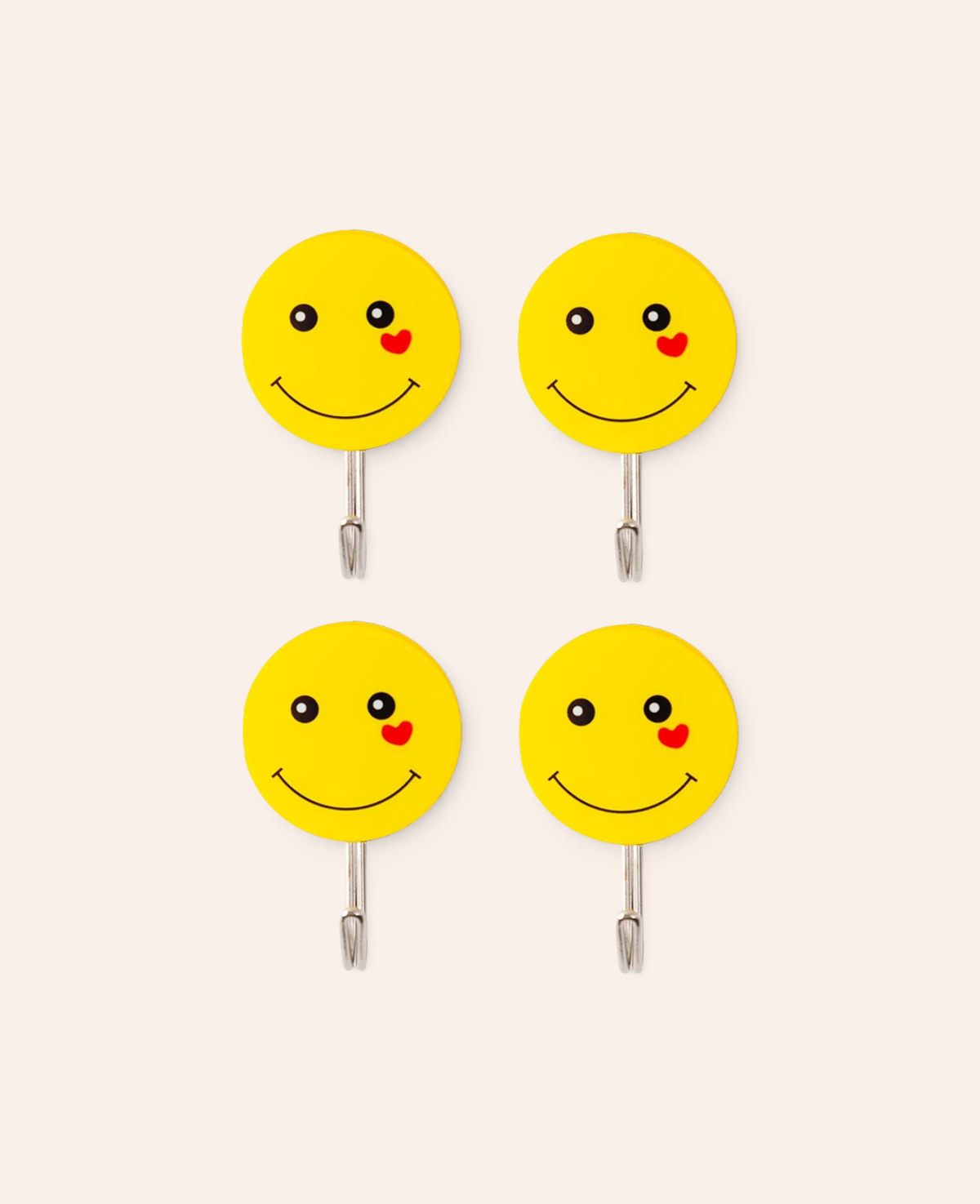 Esmée Set aus vier gelben Smiley-Wandhaken mit rotem Herz-Detail zur einfachen, bohrfreien Montage