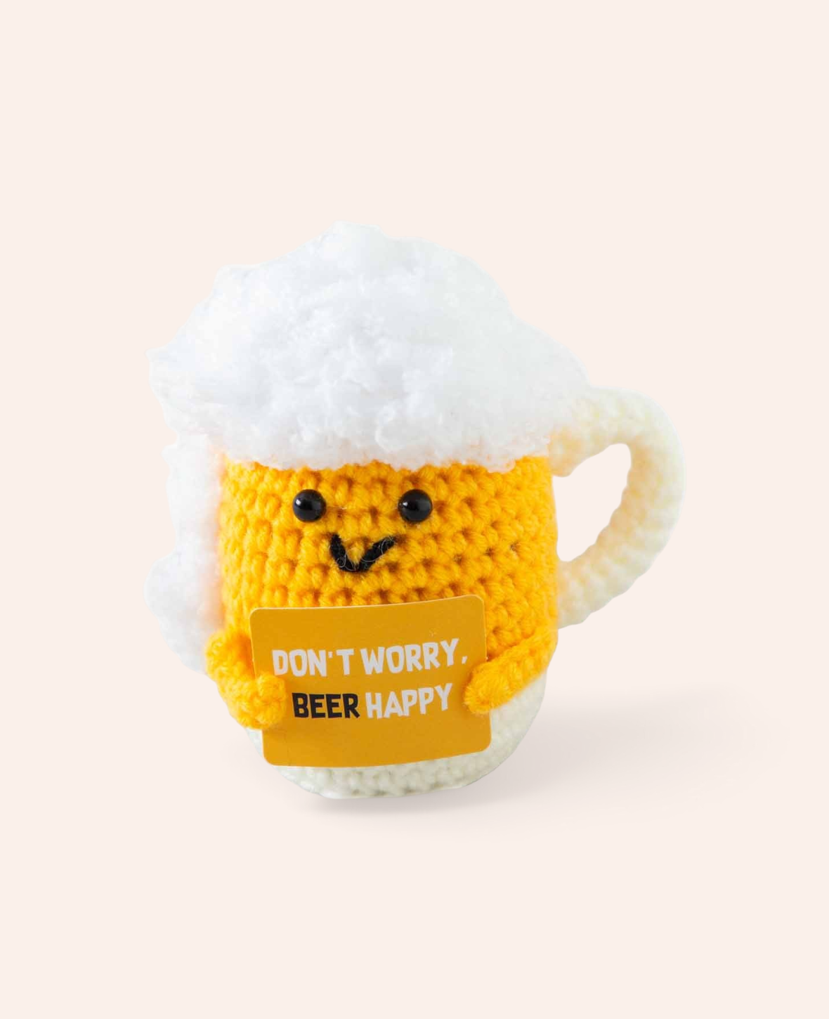 Positive Beer Cup, Gehäkeltes Mini Plüschtier / Glücksbringer, Gelb
