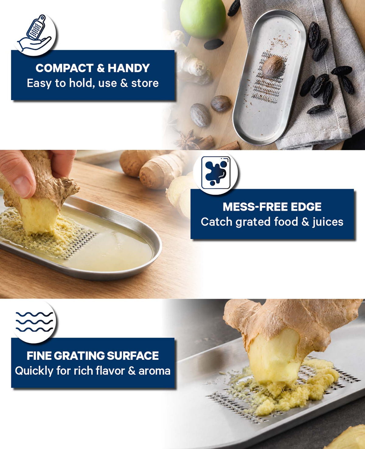 Reibe für Ingwer, Knoblauch, Muskat und Gewürze, Edelstahl