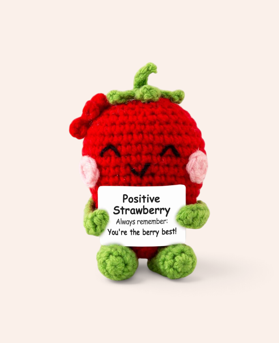 Esmée gehäkelte Positive Strawberry Erdbeere mit aufmunternder Botschaft als rotes Mini Plüschtier für den Schreibtisch