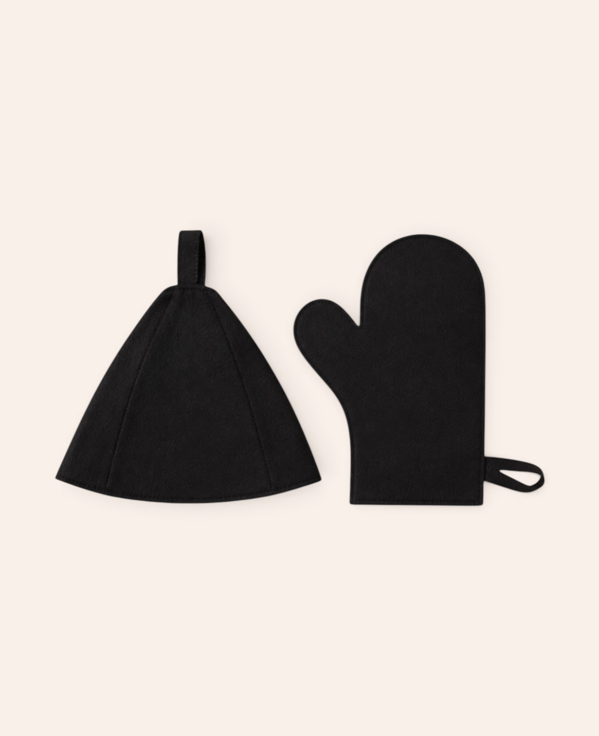 Esmée Sauna Set mit schwarzem Saunahut und passendem Saunahandschuh aus wärmeisolierendem Filz für Wellness