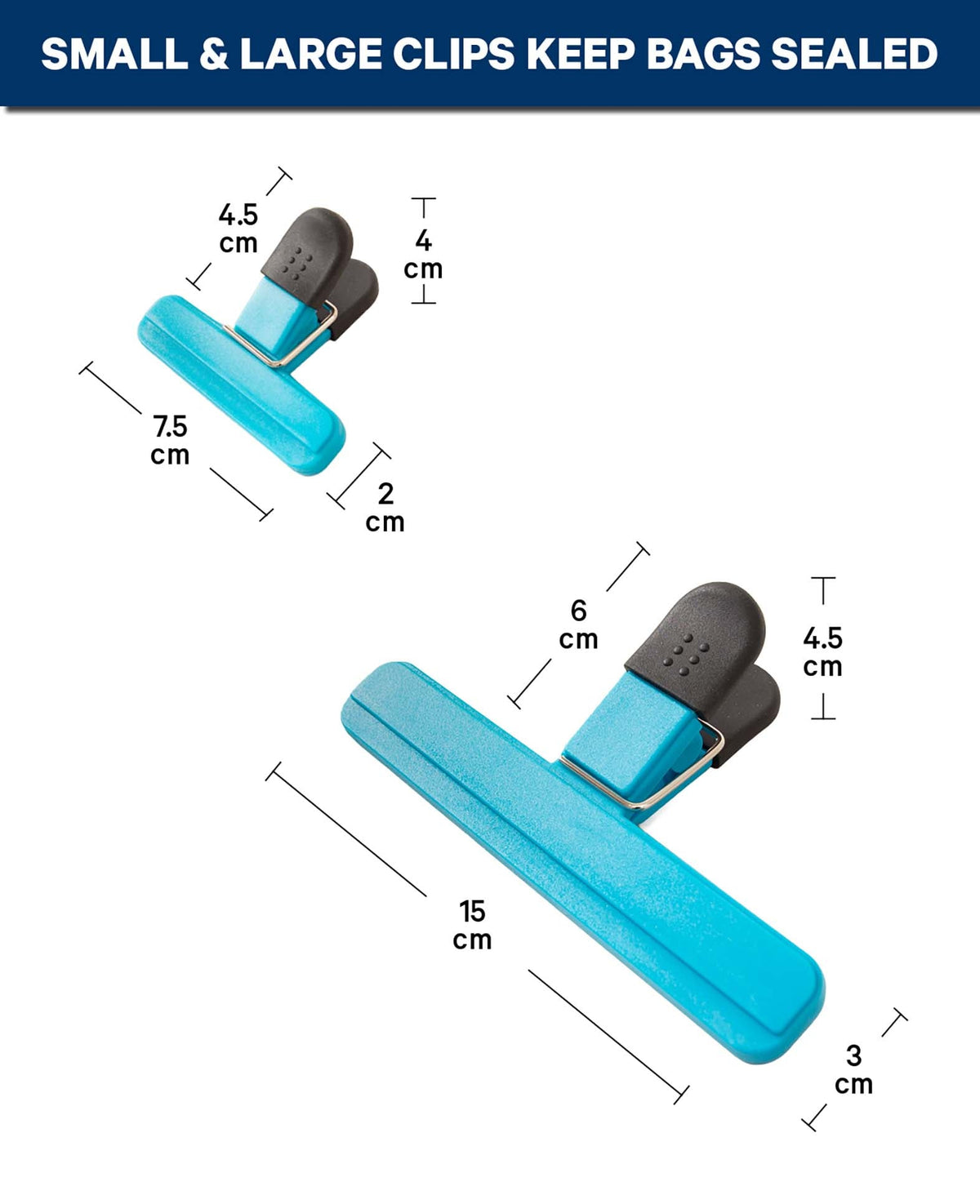 Tütenclips, Blau, 7.5 & 15 cm, 4 Stk.