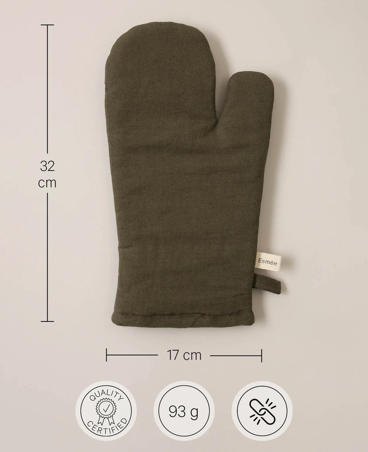 Ofenhandschuh "Nura" aus olivgrünem Baumwoll-Leinenmix, 17 cm x 32 cm