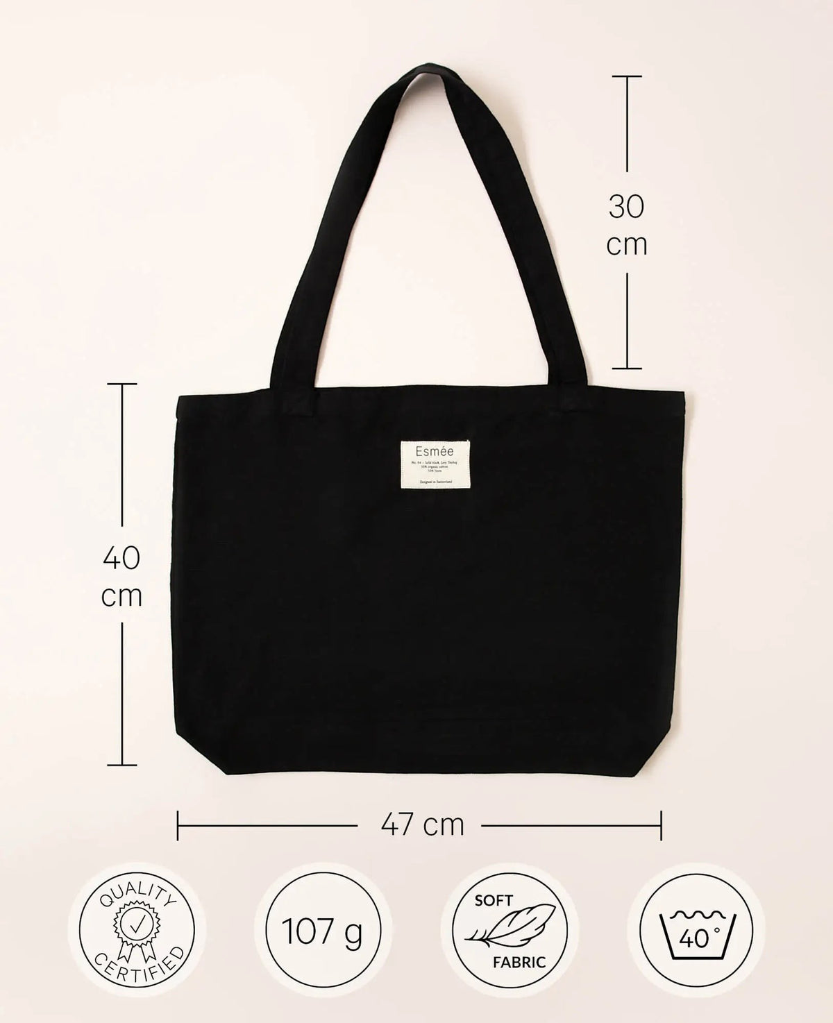 Totebag "Lora" aus schwarzem Baumwoll-Leinenmix, 47 cm x 40 cm