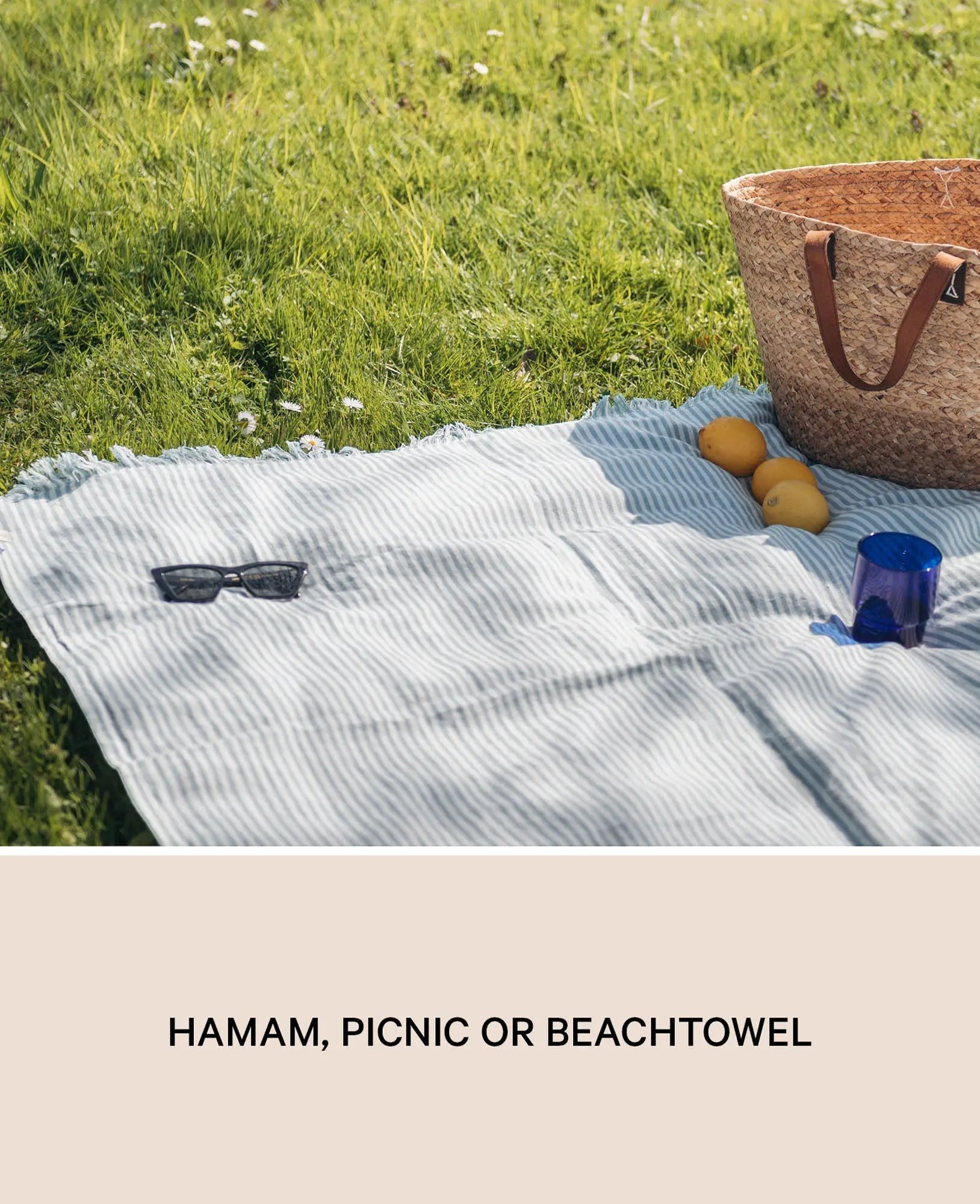 Hamamtuch / Strandtuch / Picknickdecke "Sol" aus blau-weiss gestreiftem Baumwoll-Leinenmix, 100 cm x 190 cm