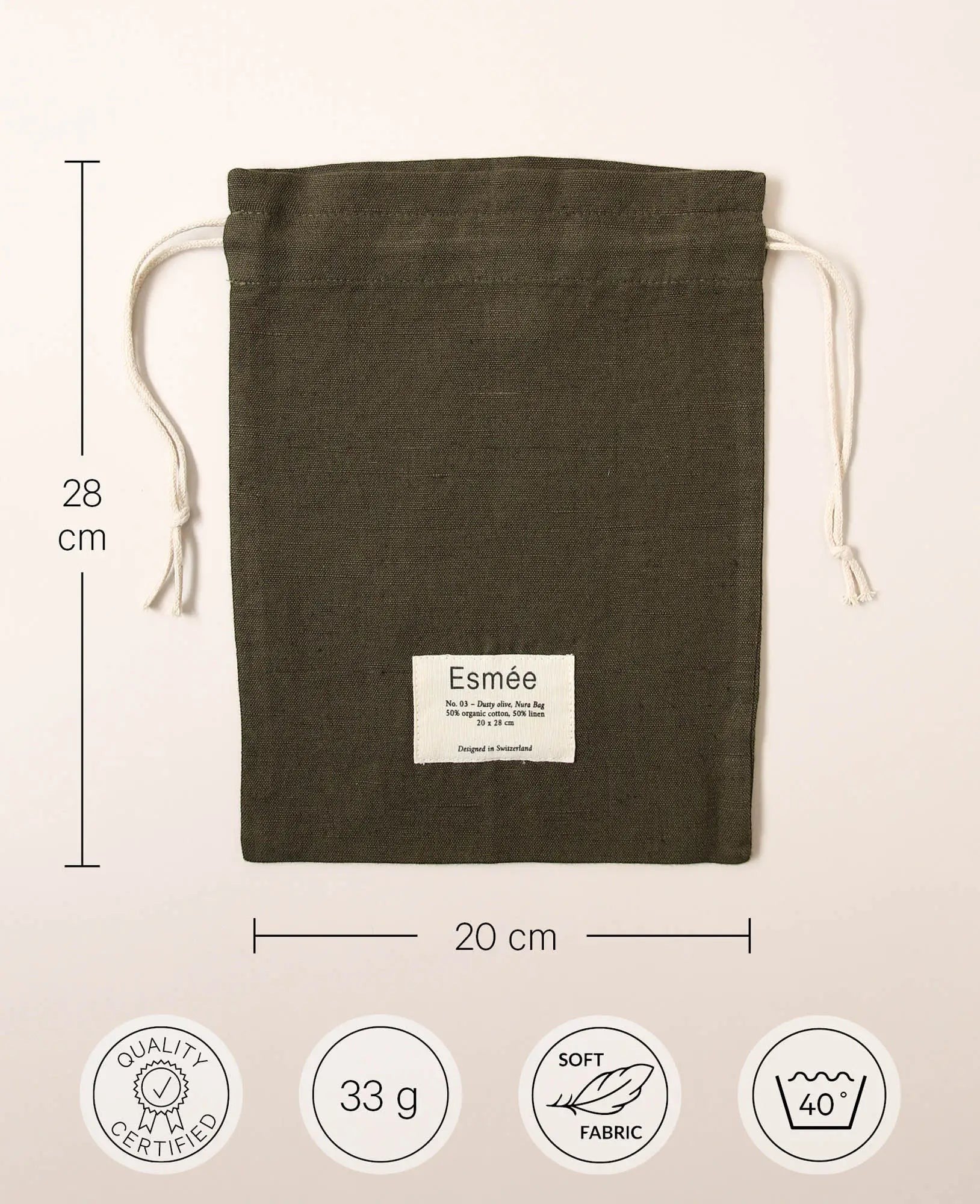 Beutel / Tasche "Nura" aus olivgrünem Baumwoll-Leinenmix mit Zugbändern, 20 cm x 28 cm, als Bread Bag, als Brotsack, Gemüsetasche oder für Wäsche und Schuhe beim Reisen