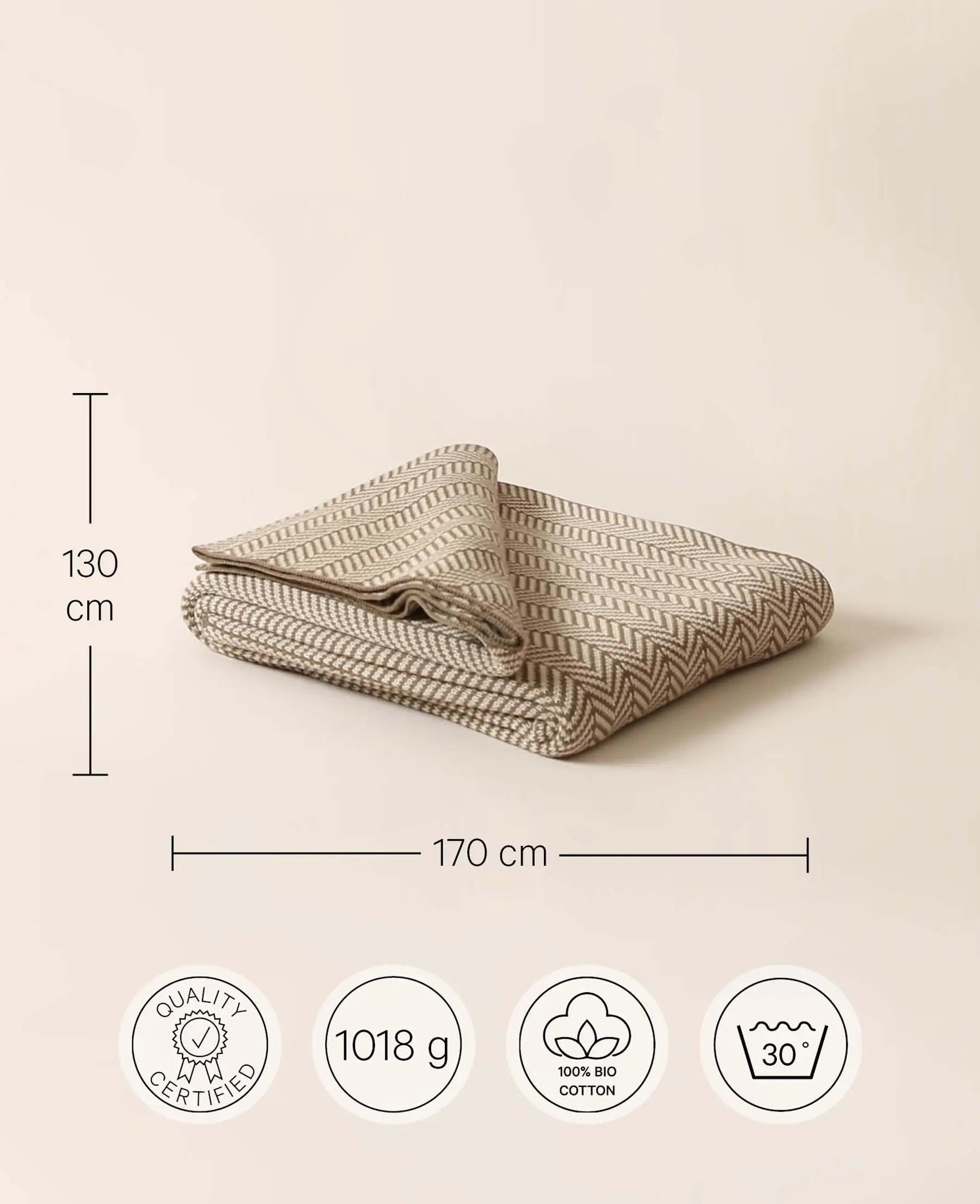 Beige Braune Boho Baumwolldecke mit eingearbeitetem Fischgrät Muster, 130 x 170 cm
