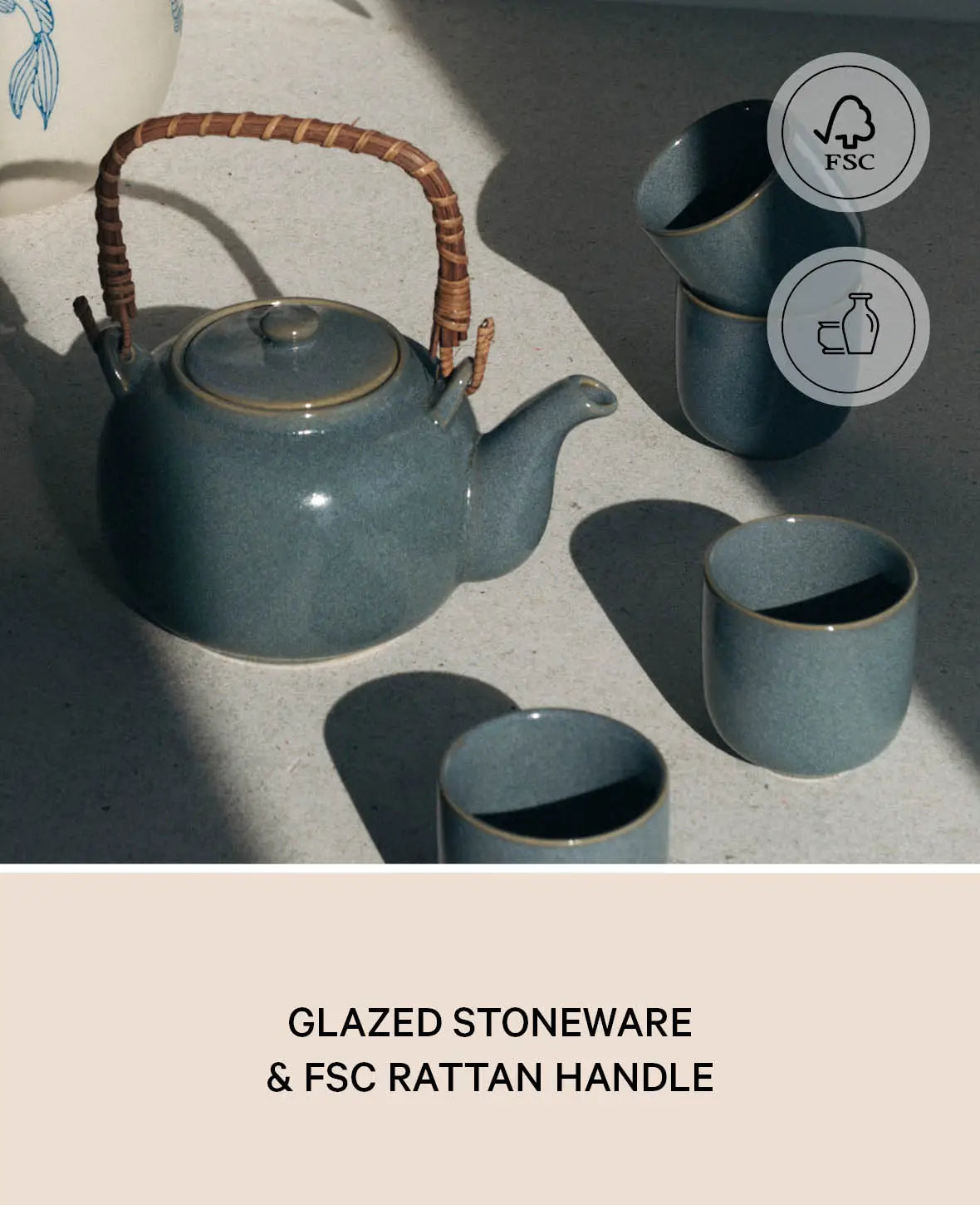 Blau-grau glasiertes, japanisches Keramik Teeset mit Krug und 4 Tassen "Kaori" 7 dl / 100 ml