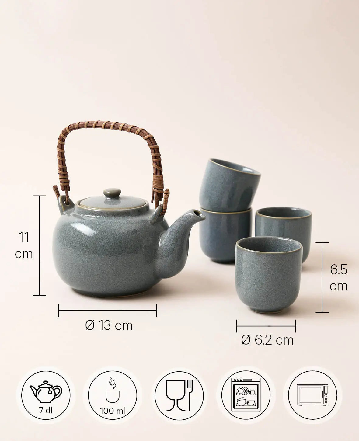 Blau-grau glasiertes, japanisches Keramik Teeset mit Krug und 4 Tassen "Kaori" 7 dl / 100 ml