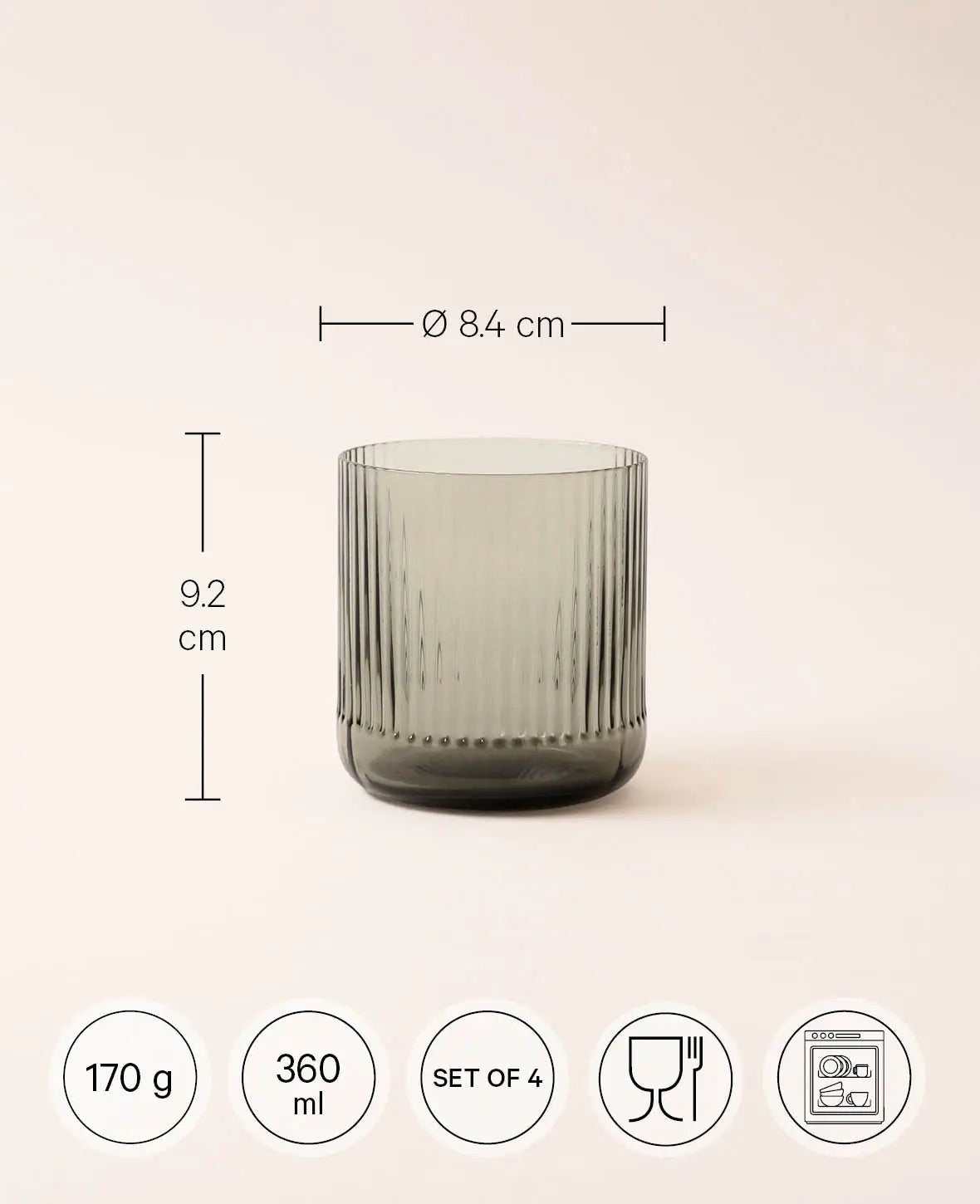 4er Set Trinkgläser "Oskar", aus grauem Glas mit Rillenstruktur, Ø 8.4 cm, 360 ml