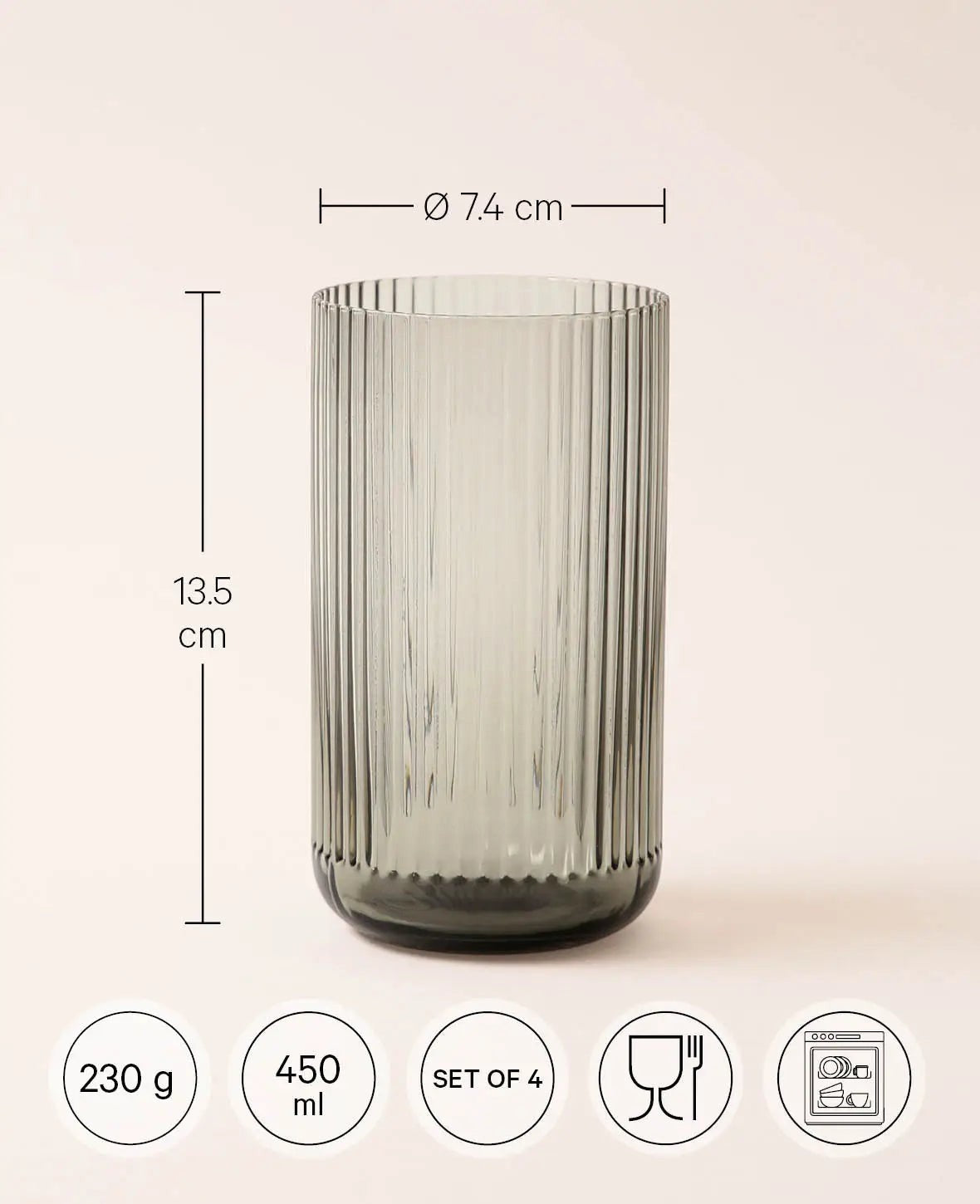 4er Set Trinkgläser "Oskar", aus grauem Glas mit Rillenstruktur, Ø 7.4 cm, 450 ml
