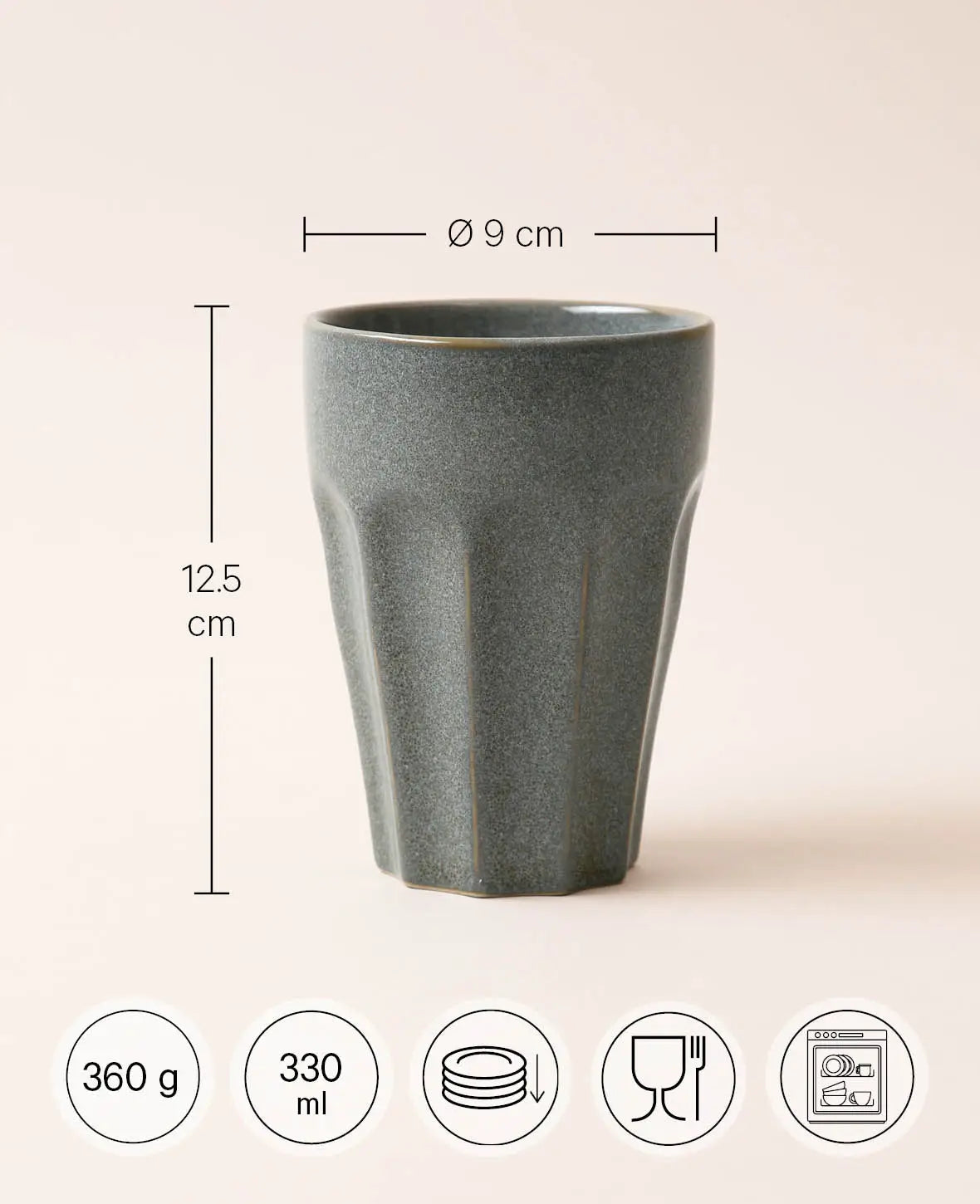 Handglasierte Tasse aus Steingut / Macchiatotasse in blau-grau, 330 ml, H 12.5 cm x Ø 9 cm