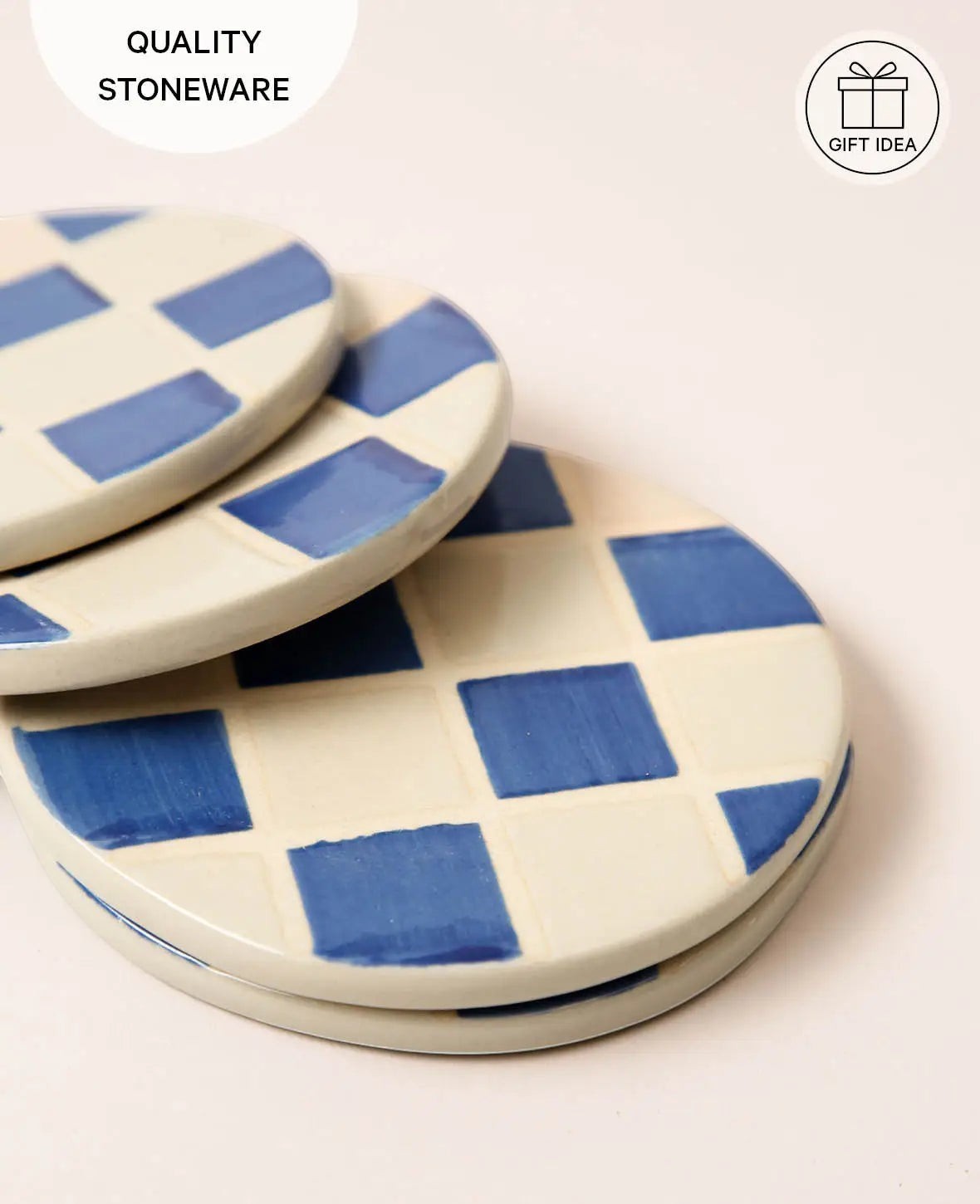 4er Set Keramikuntersetzer, blau-weiss kariert, Ø 9.5 cm