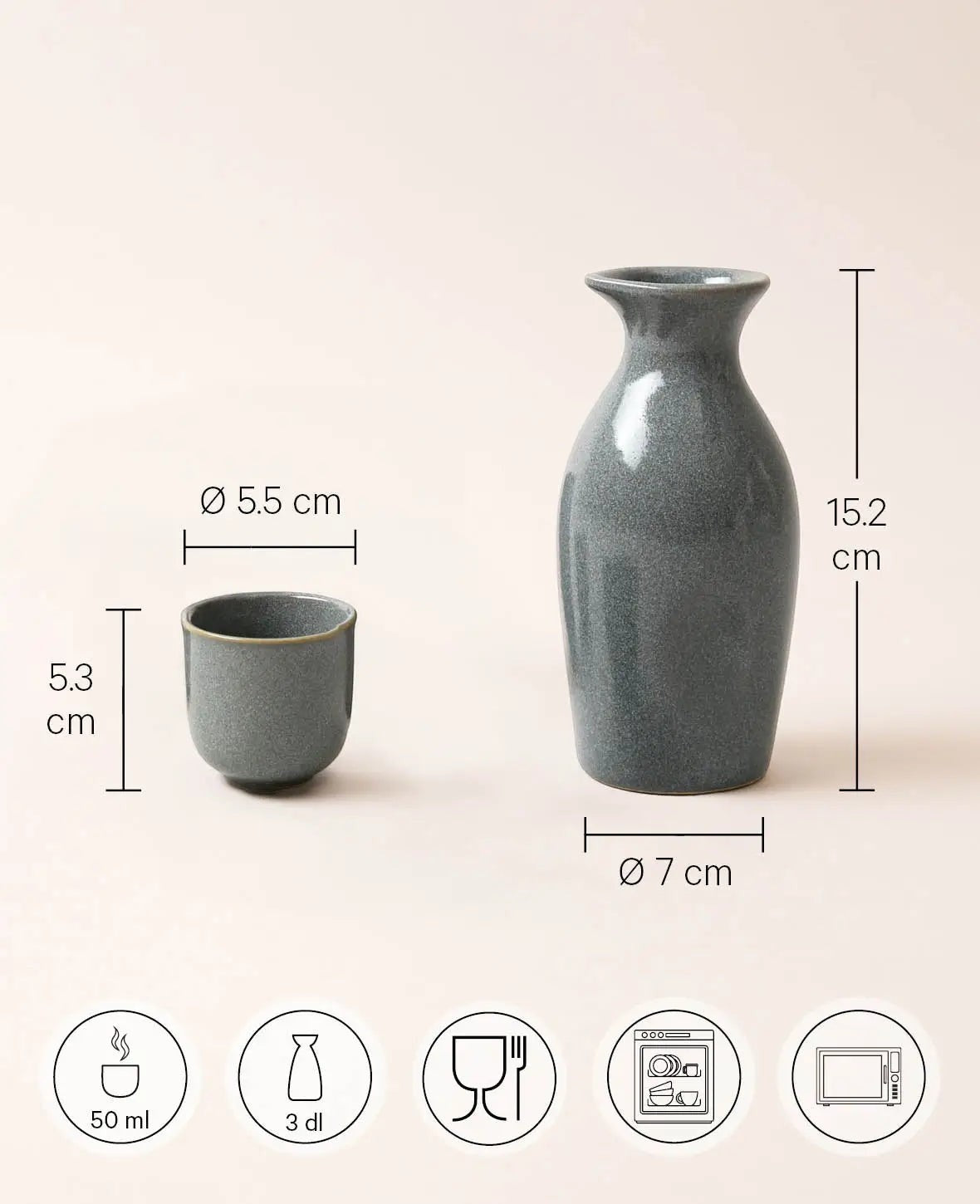 Blau-grau glasiertes Keramik Sake Set "Tsuki" mit Krug und 4 Bechern 3 dl / 50 ml
