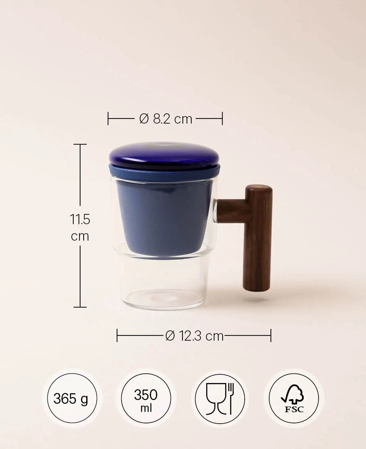 Teeglas / Tasse "Miro" mit blauem Teesieb und edlem Griff aus Walnussholz, 350ml