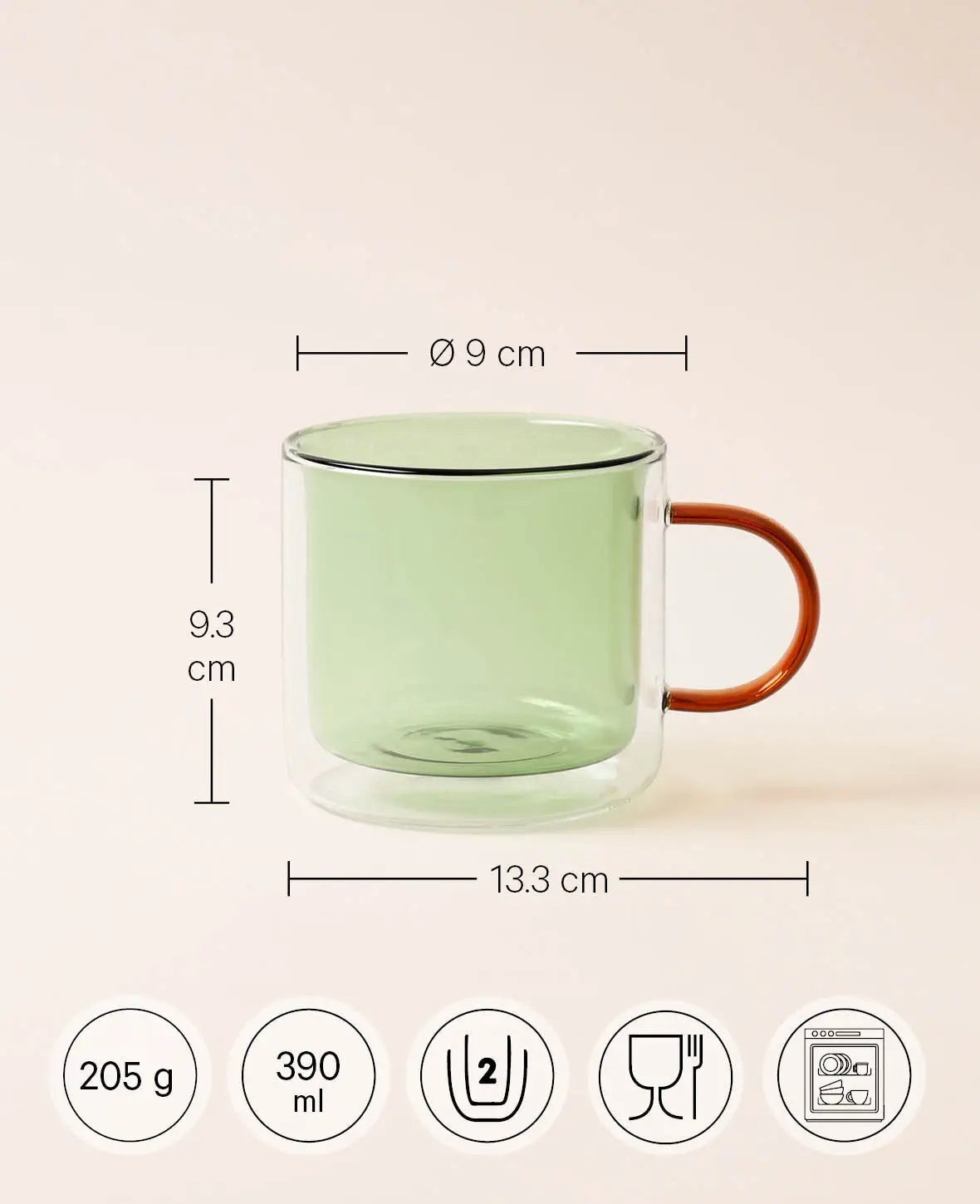 Doppelwandiges Teeglas / Tasse "Lenn", mit Griff, in salbeigrün, 390ml
