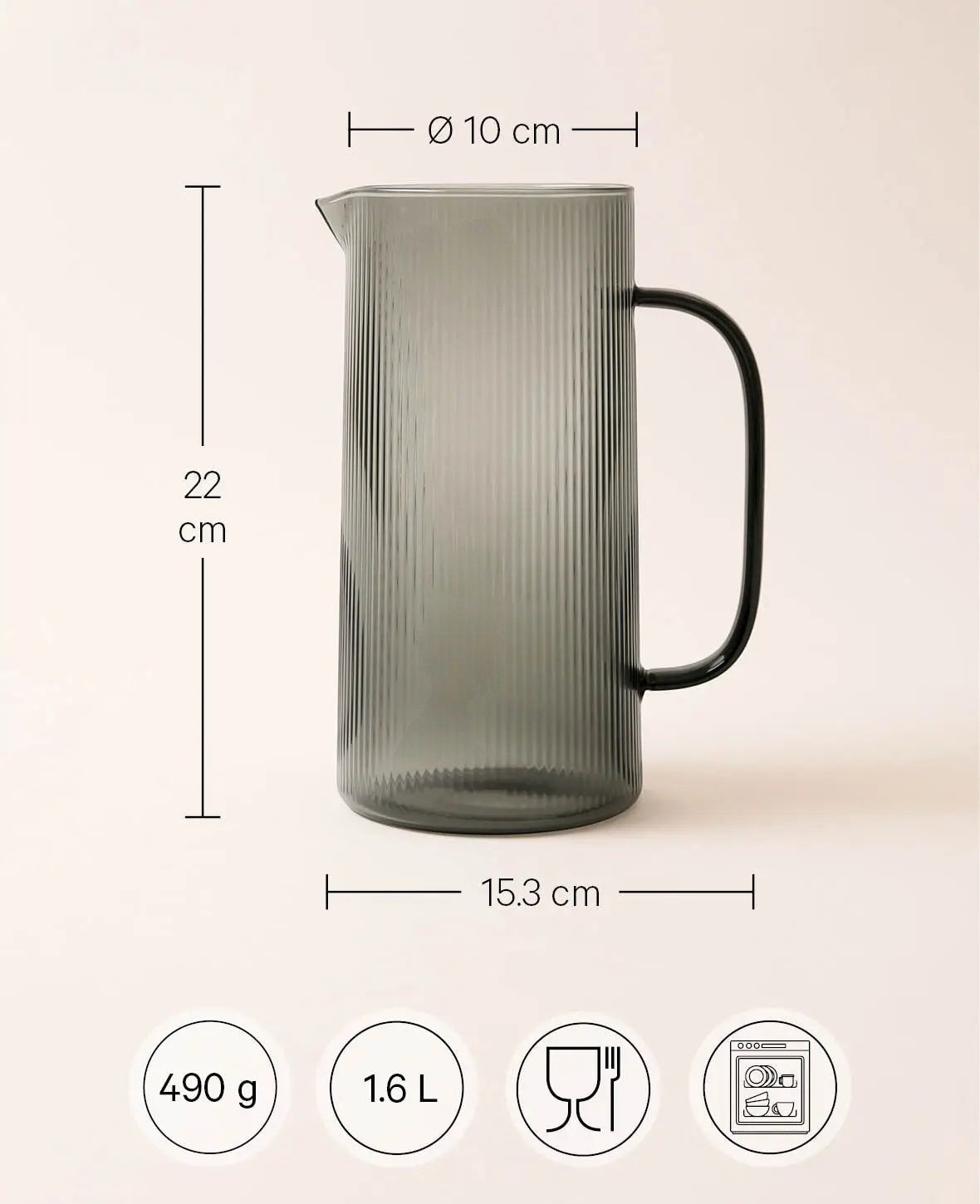 Krug "Oskar" aus grauem Glas mit Rillenstruktur, 1.6 L