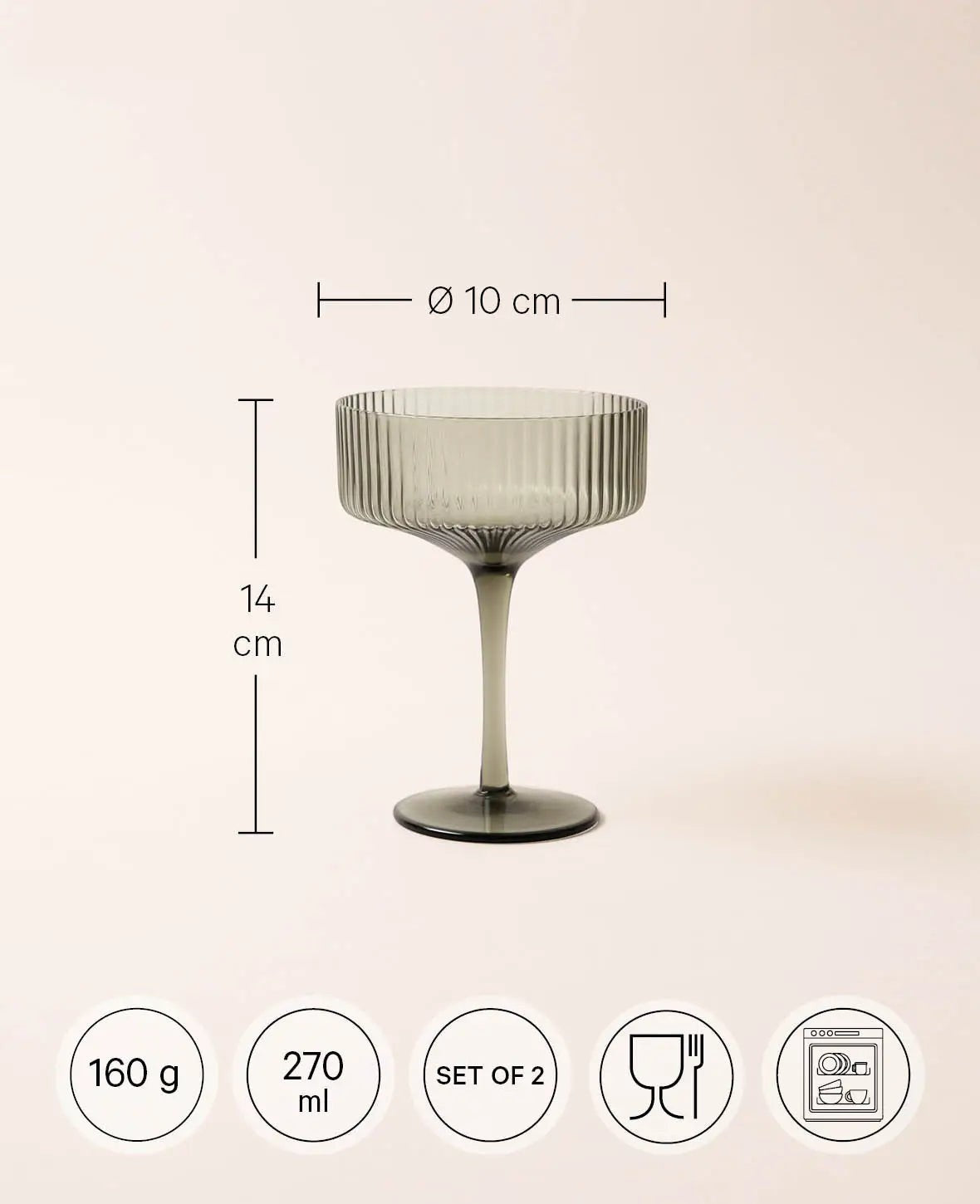 2er Set Champagner / Martini Gläser "Oskar", aus grauem Glas mit Rillenstruktur, Ø 10 cm, 270 ml