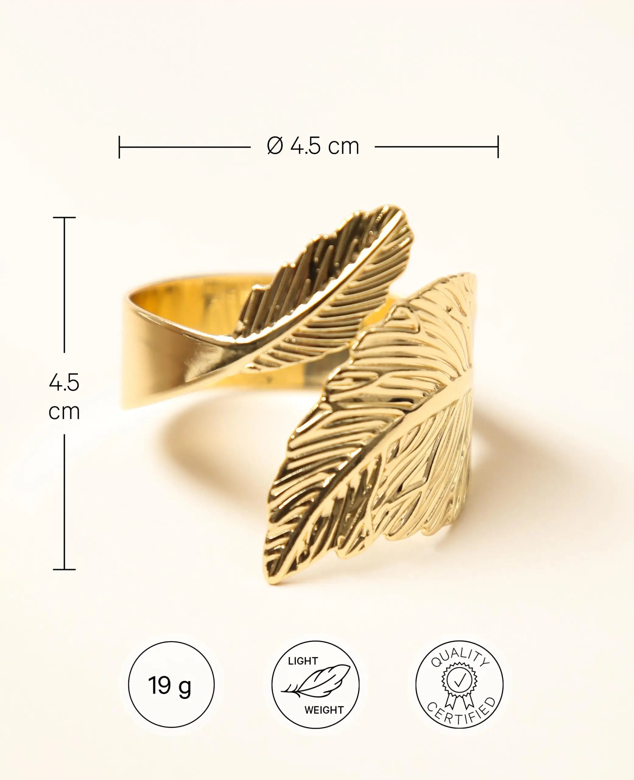 Eleganter Serviettenring in Feder / Blattform aus Metall für Stoffservietten, Ø 4.5 cm, Gold