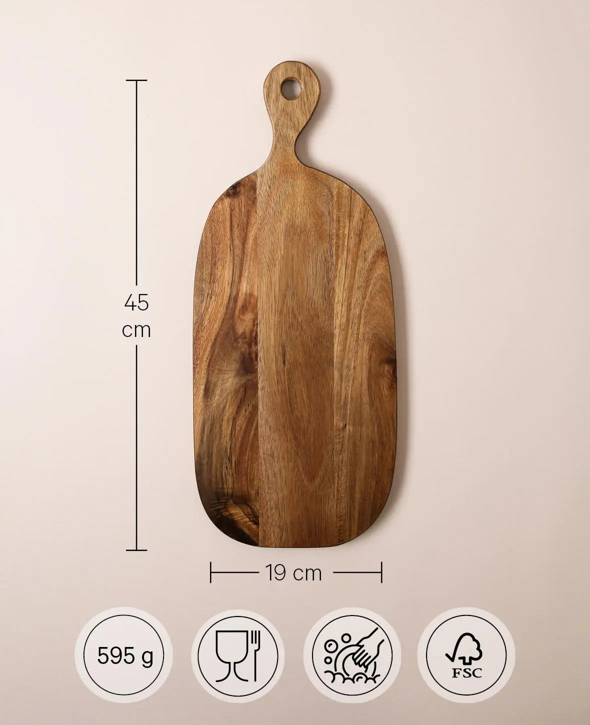 Ovales Holzbrett / Schneidebrett aus Akazienholz mit Griff, 45 cm x 19 cm