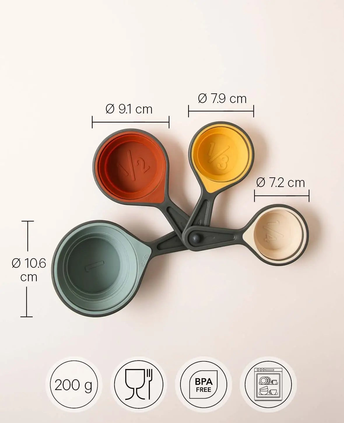 4 in 1 Cup Messbecher Set aus grauem Silikon mit farbiger Innenseite