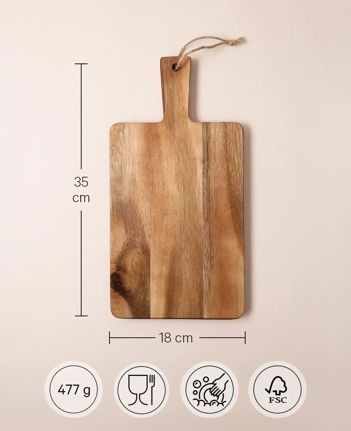 Eckiges Holzbrett / Schneidebrett aus Akazienholz mit Griff und Schnur, 35 cm x 18 cm