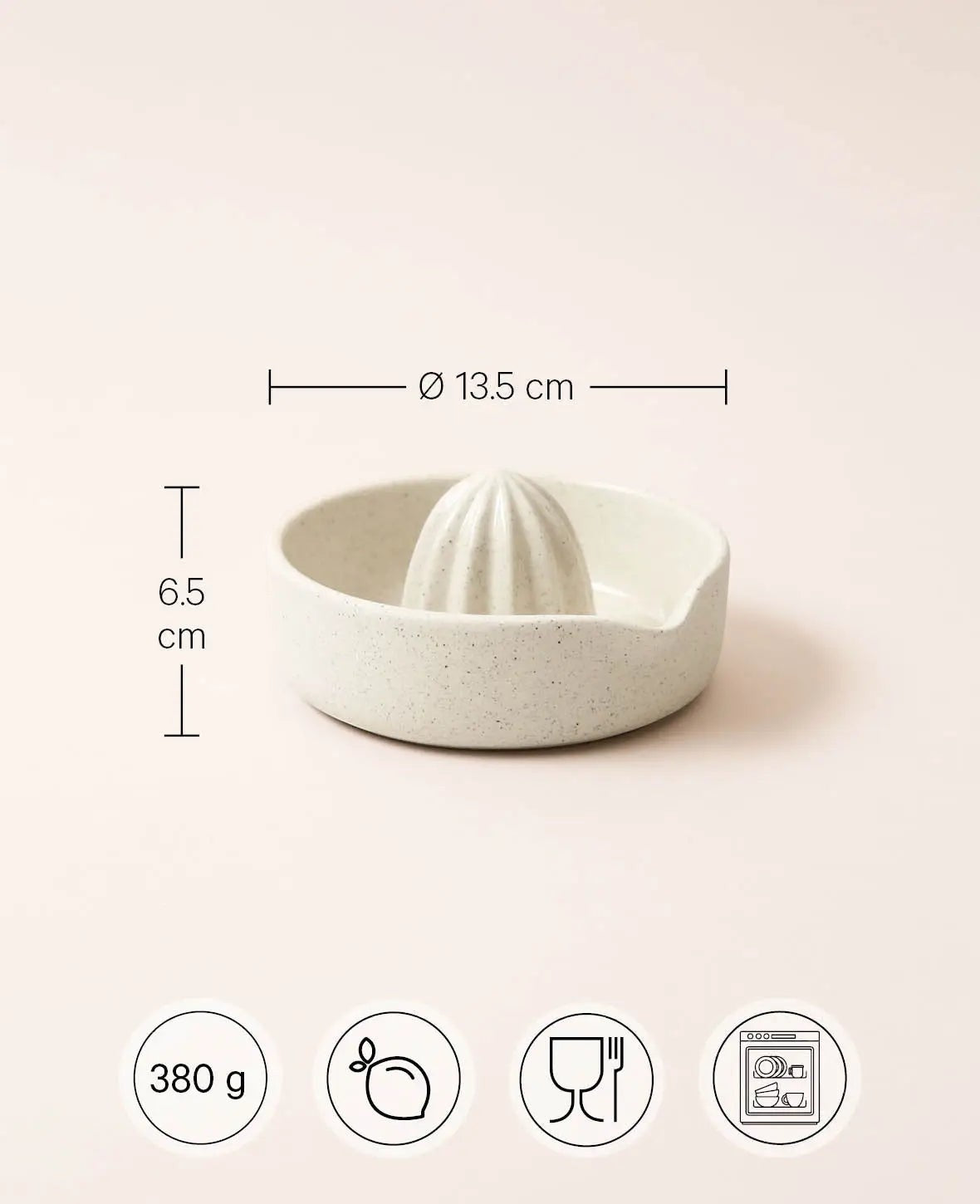 Saftpresse / Zitruspresse aus Keramik, beige mit schwarzen Sprenkeln und glasierter Innenseite,  Ø 13.5 cm