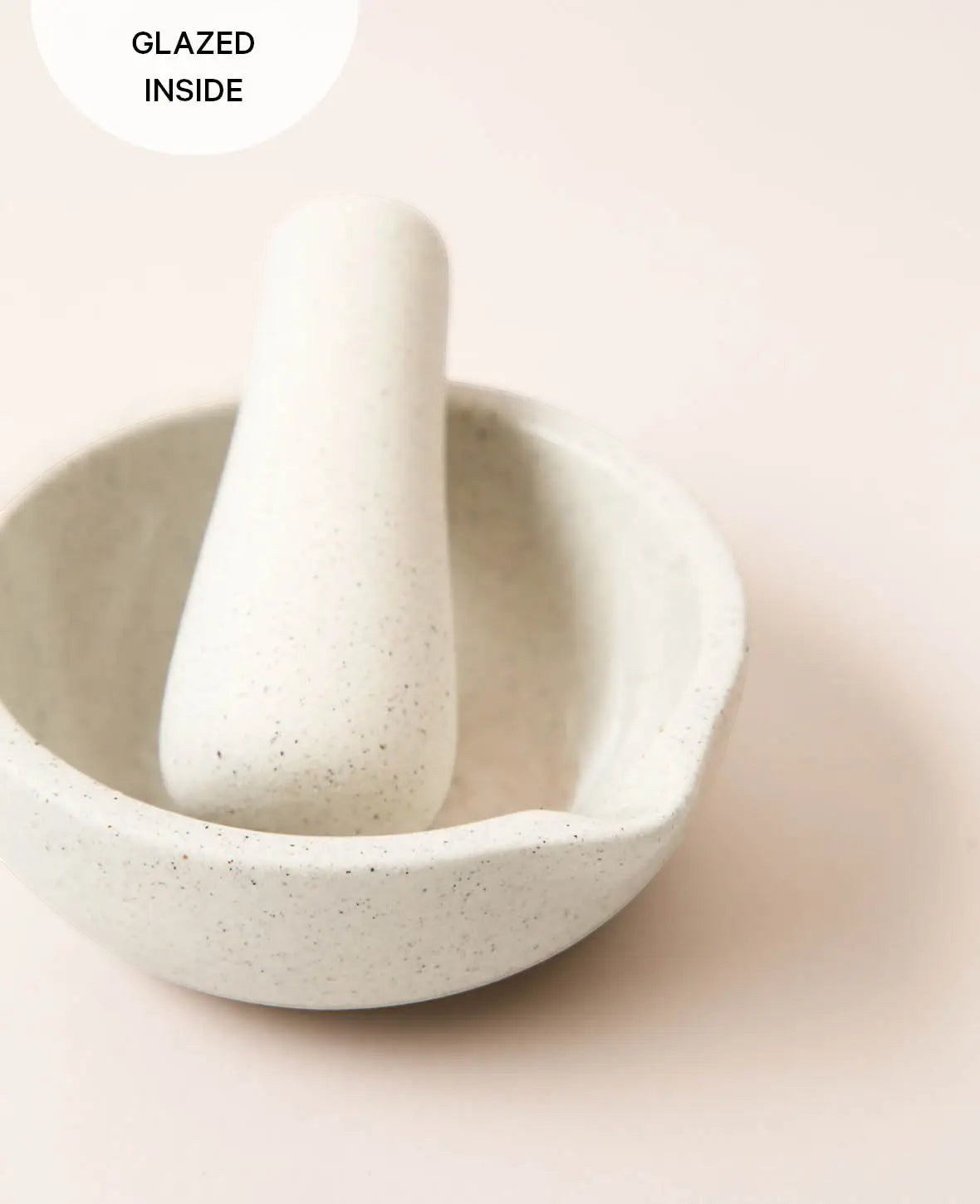Keramik Mörser, beige mit schwarzen Sprenkeln und glasierter Innenseite,  Ø 10 cm