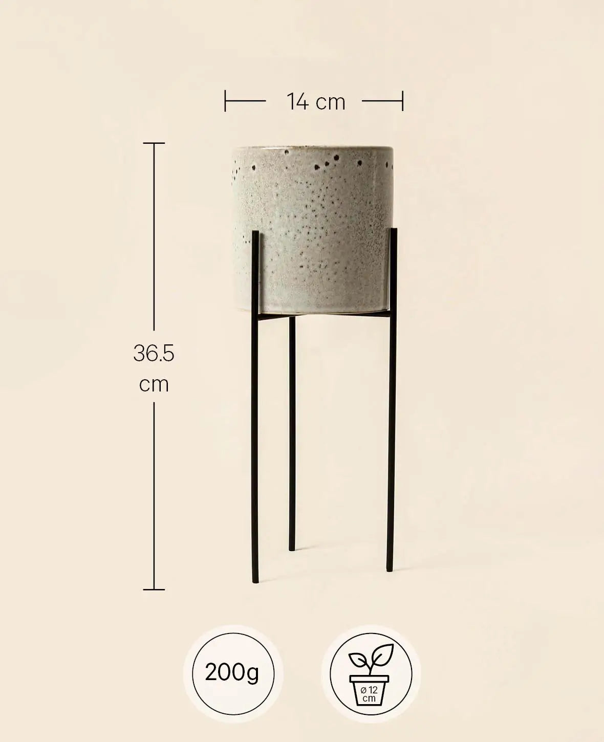 Stehender grauer Keramiktopf mit Metallbeinen und schwarzem Brennmuster, Ø 13.5 cm x H 36.5 cm