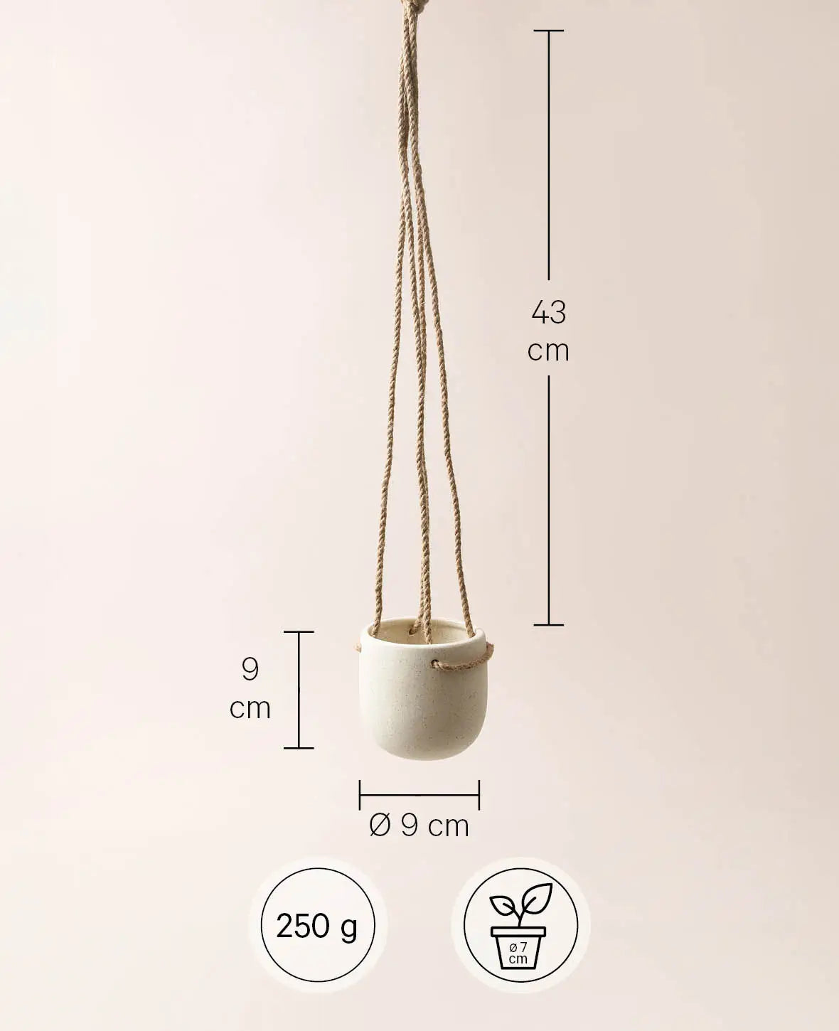 Hängetopf / Hängender Blumentopf aus Steingut mit rauher Struktur, Beige mit Sprenkel, Ø 9 cm