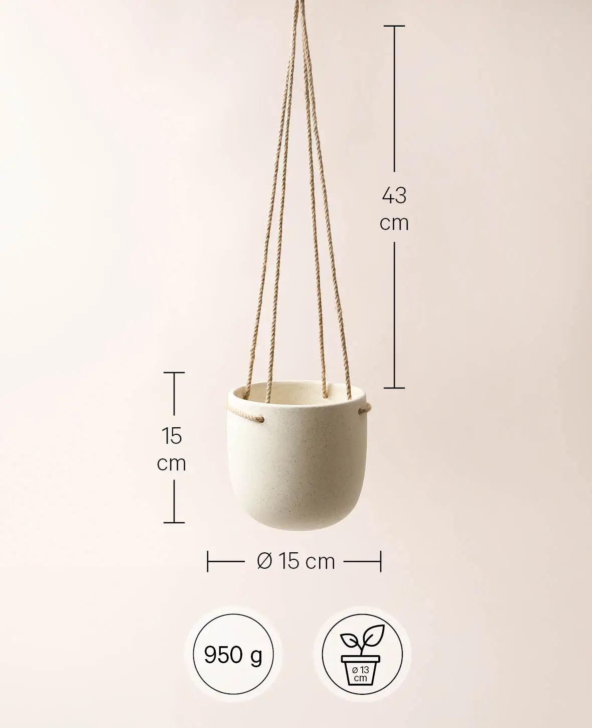 Hängetopf / Hängender Blumentopf aus Steingut mit rauher Struktur, Beige mit Sprenkel, Ø 15 cm