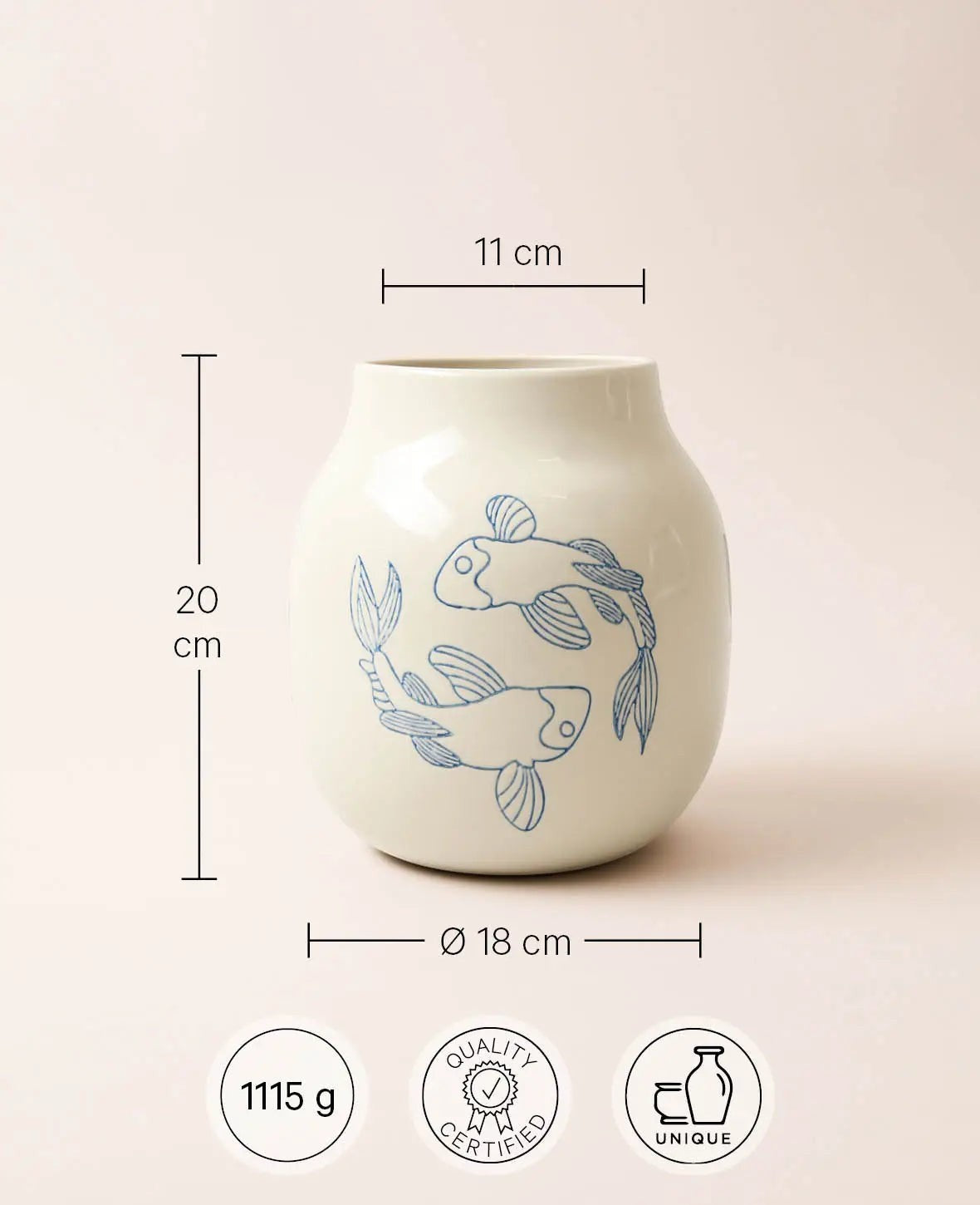 Keramikvase in Off-Weiss mit Koifisch Design, Ø 18 x H 20 cm