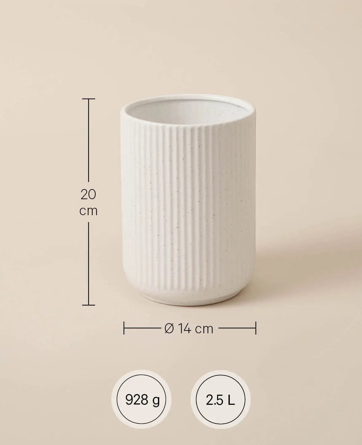 Keramikvase im Scandi Stil mit Rillen und feinem Brennmuster, 14 x 20 cm