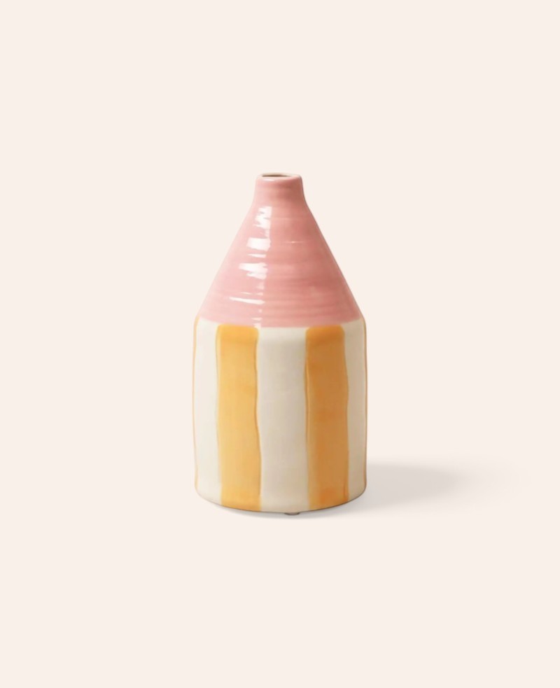 Porzellan Vase mit orangen Streifen und rosa Hals, H 19 x Ø 10 cm