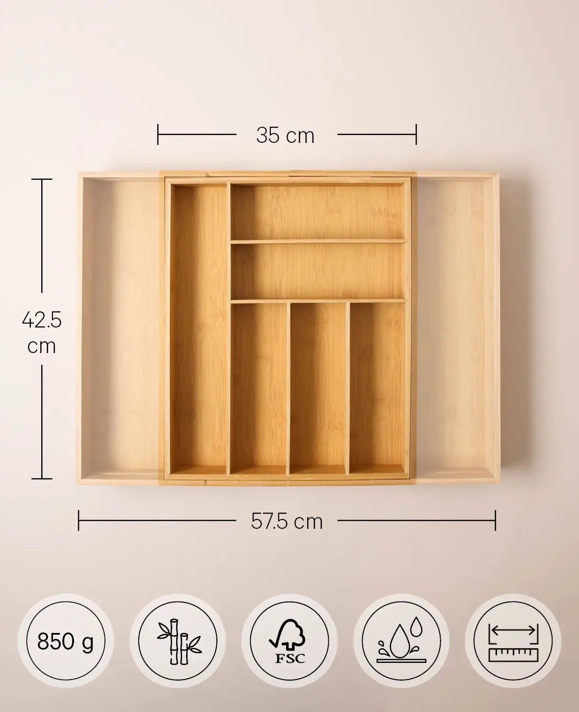 Ausziehbarer Besteckkasten aus Bambus, 35 bis 57.5 x 42.5 x 6.4 cm