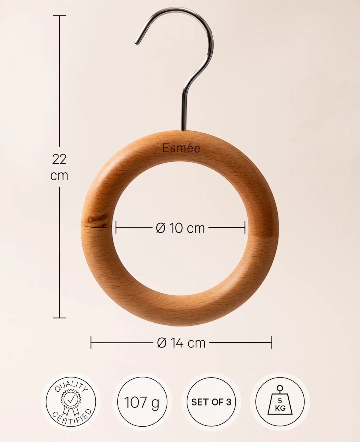 3 Stück runde Hängebügel für Schals, Taschen und ezimmertücher, aus FSC Buchenholz, Ø 10cm