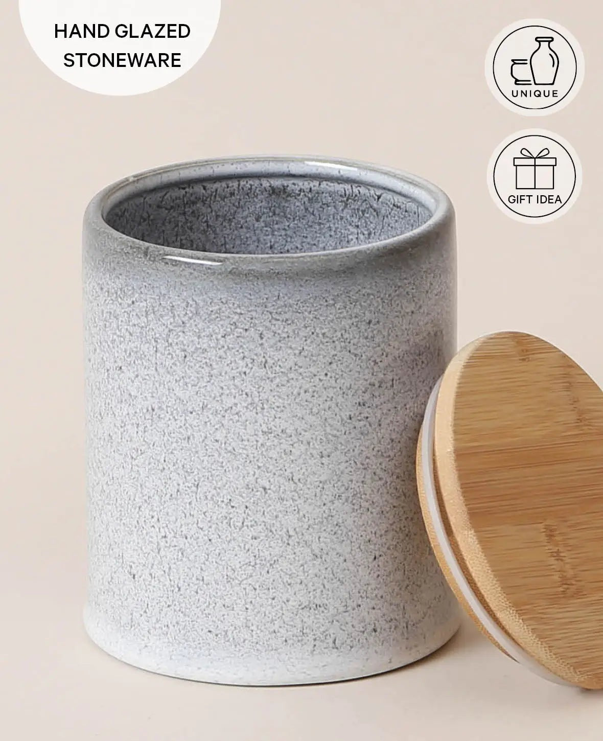 Runde Dose aus blauem Steingut mit Bambusdeckel, 10 x 13 cm, 0.75 Liter