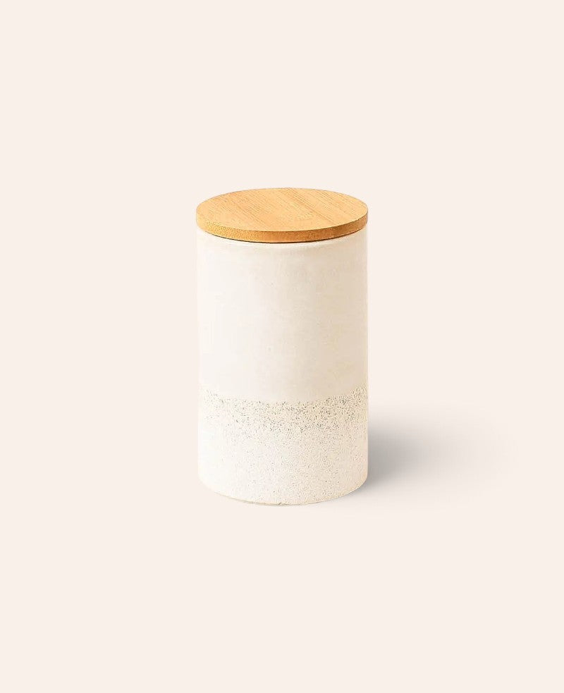 Runde Dose aus Steingut mit beiger Glasur und Bambusdeckel, 1 L, H 16.7 x Ø 10 cm
