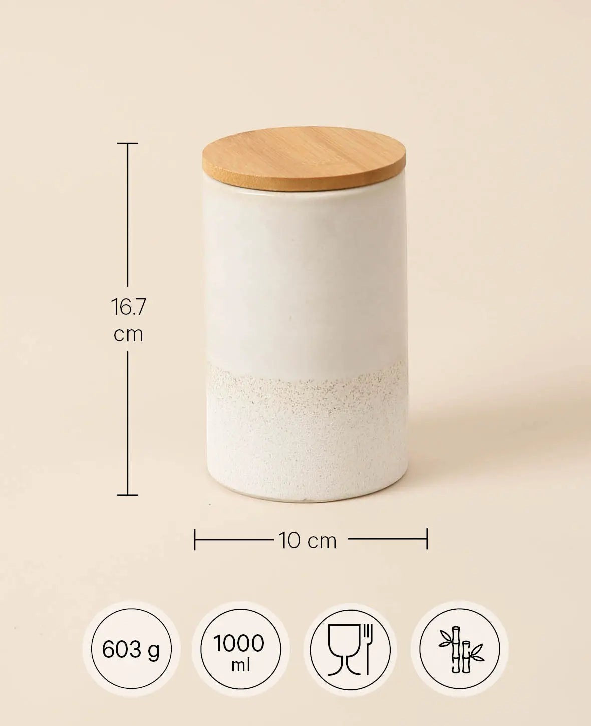Runde Dose aus Steingut mit beiger Glasur und Bambusdeckel, 1 L, H 16.7 x Ø 10 cm