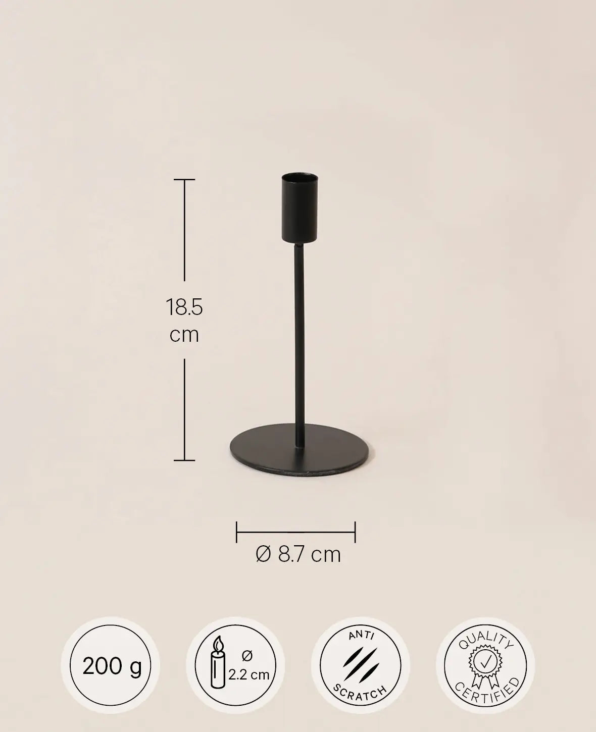 Kerzenständer für Stabkerzen in mattem Schwarz, 18.5 cm