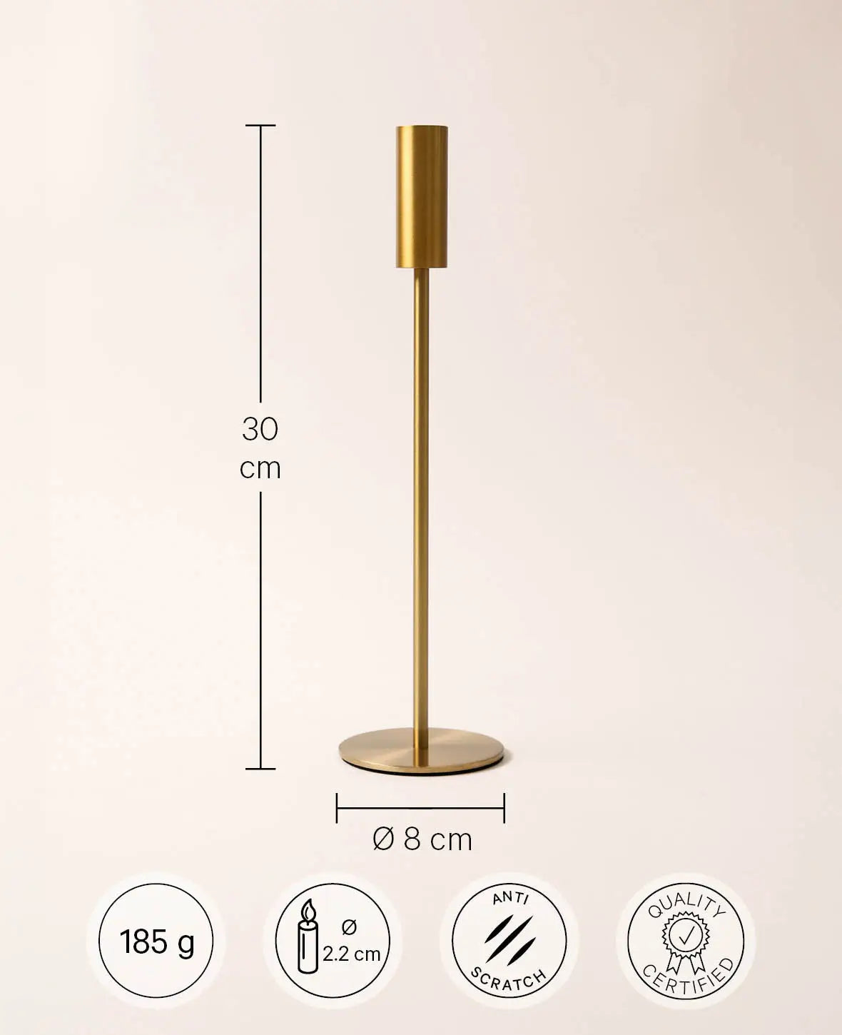 Kerzenständer für Stabkerzen in Messing Gold, Ø 8 x H 30 cm