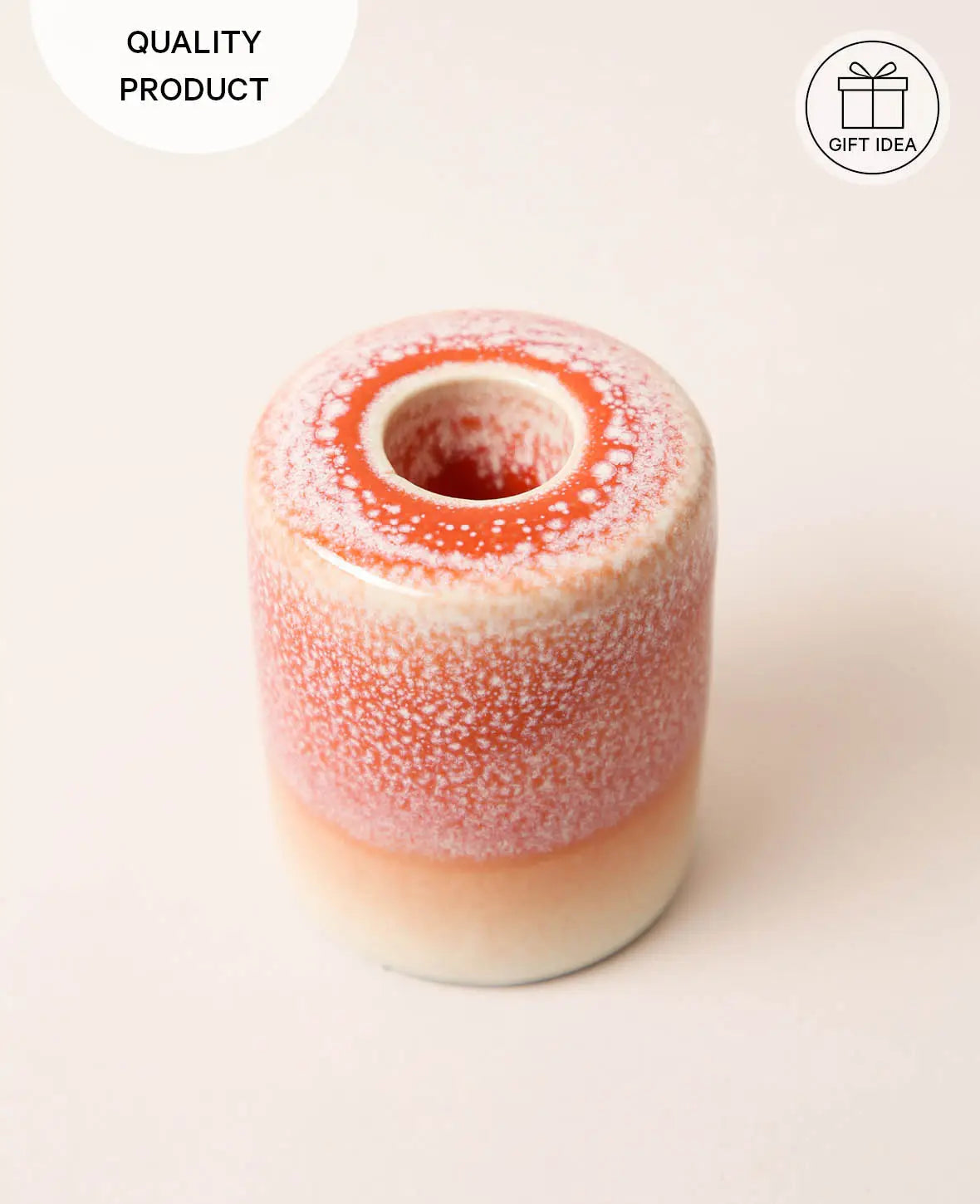 Stilvoller Keramik Kerzenständer für Stabkerzen, hellrot/rosa mit weissen Sprenkeln