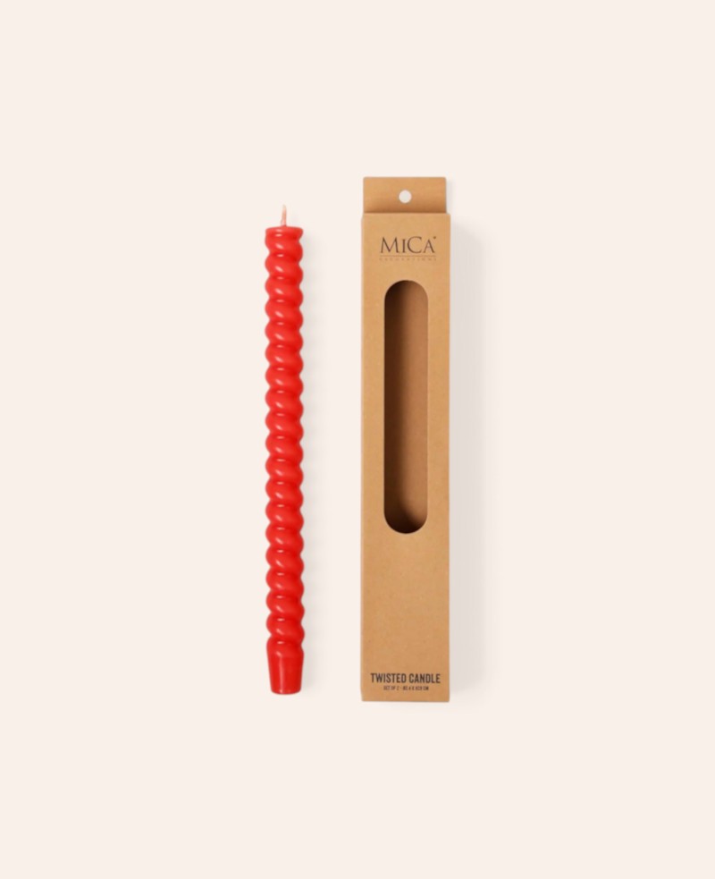 2er Set Stabkerzen / Tafelkerzen mit Twist in Rotorange, 28 cm x 2.4 cm