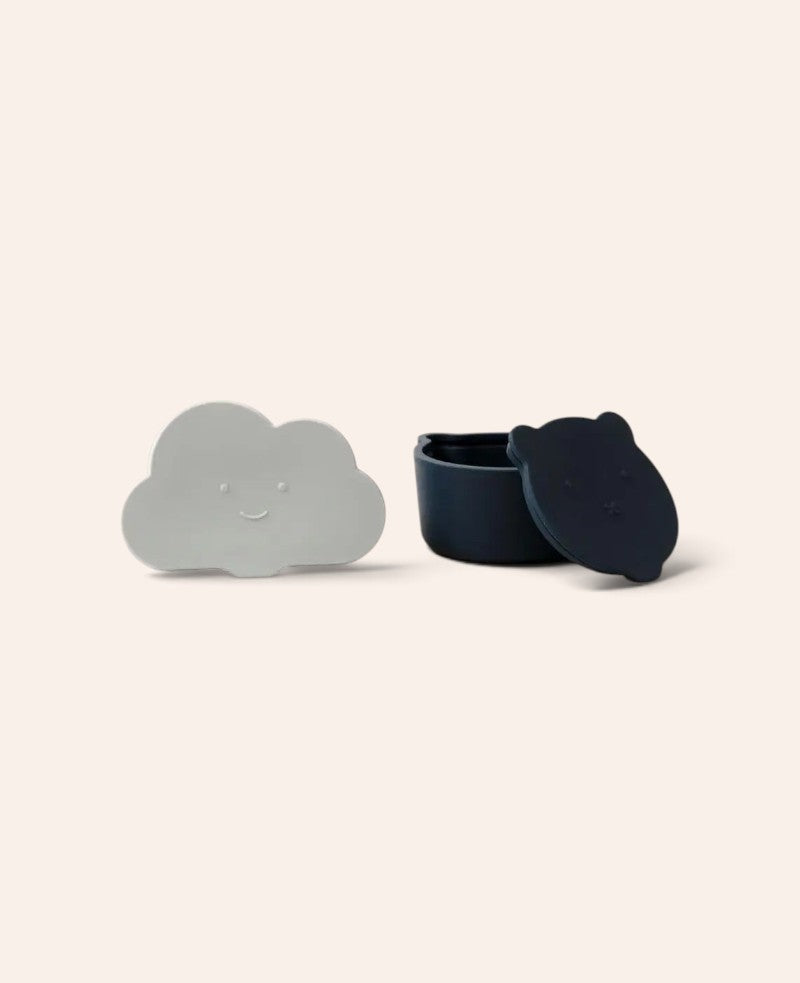 Kinder Lunchbox Set / Snackbox / Aufbewahrungsdosen in Wolken und Bärenform, aus Silikon in Hellblau / Dunkelblau