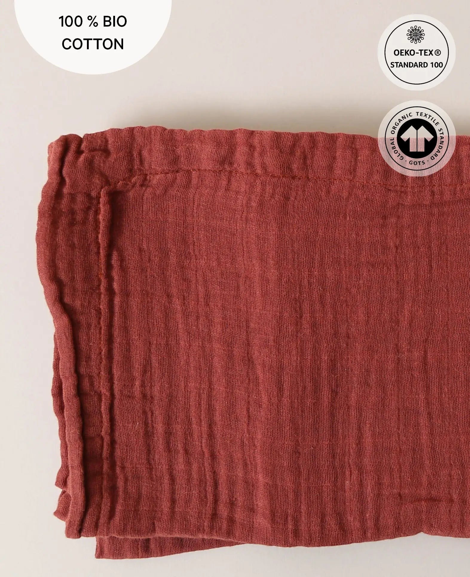 Musselin Tuch / Mulltuch aus 100% Bio Baumwolle als Nuscheli für Babys oder als Mode- und Dekoaccessoire in Rostrot, 75 x 75 cm