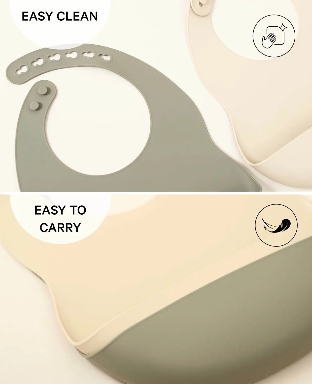 2er Pack Lätzchen aus Silikon mit Auffangschale, grössenverstellbar, grau und beige, Ø 11 cm