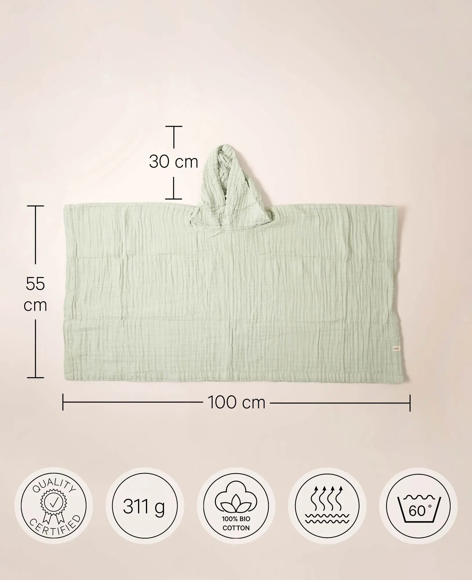 Poncho "Lilo" aus 100% Bio Baumwolle-Musselin in Salbeigrün für Kinder im Alter von 3-4 Jahren