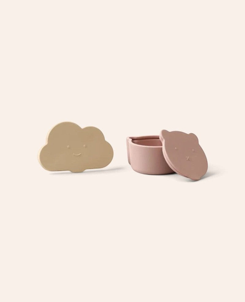 Kinder Lunchbox Set / Snackbox / Aufbewahrungsdosen in Wolken und Bärenform, aus Silikon in Rosa / Beige