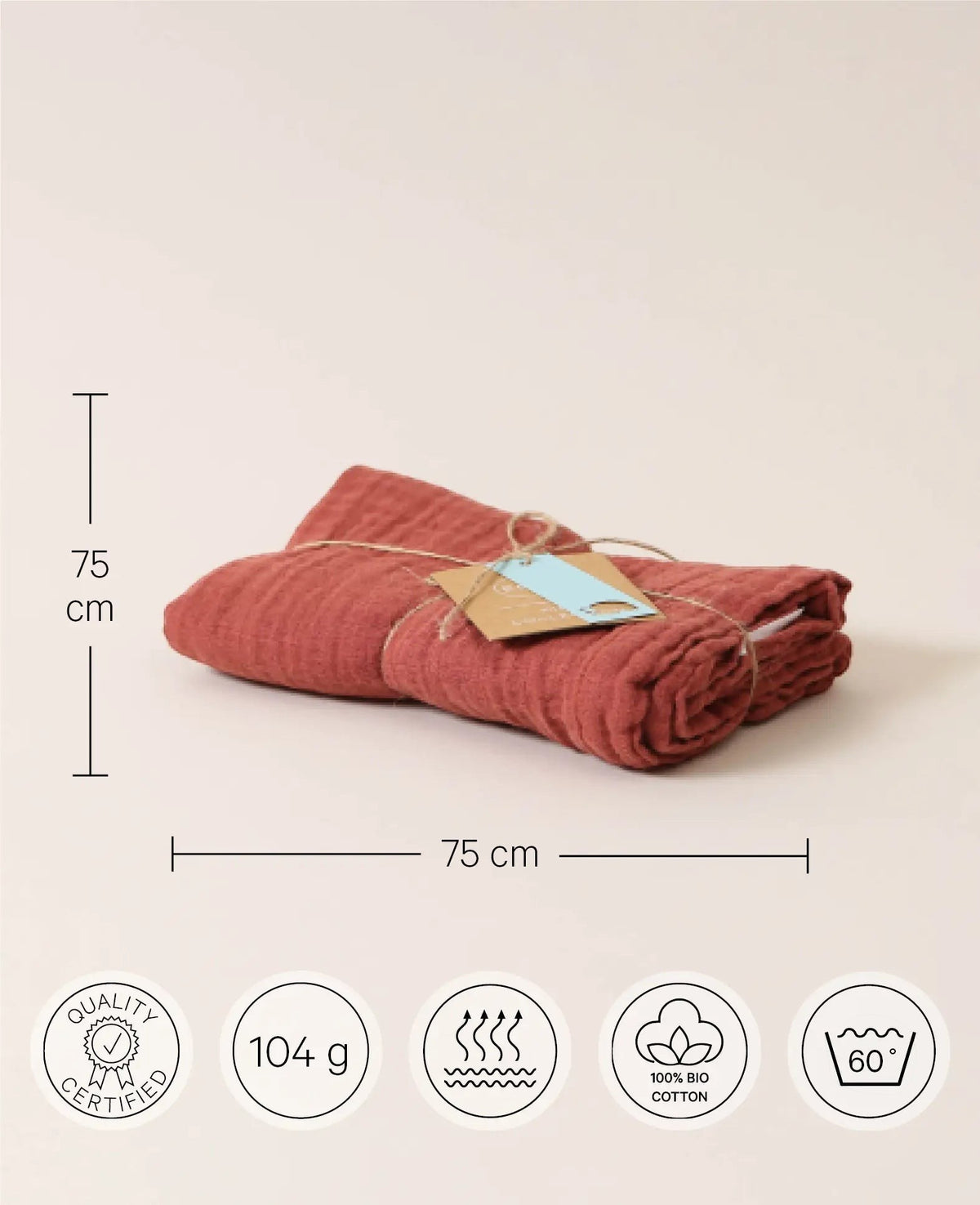 Musselin Tuch / Mulltuch aus 100% Bio Baumwolle als Nuscheli für Babys oder als Mode- und Dekoaccessoire in Rostrot, 75 x 75 cm